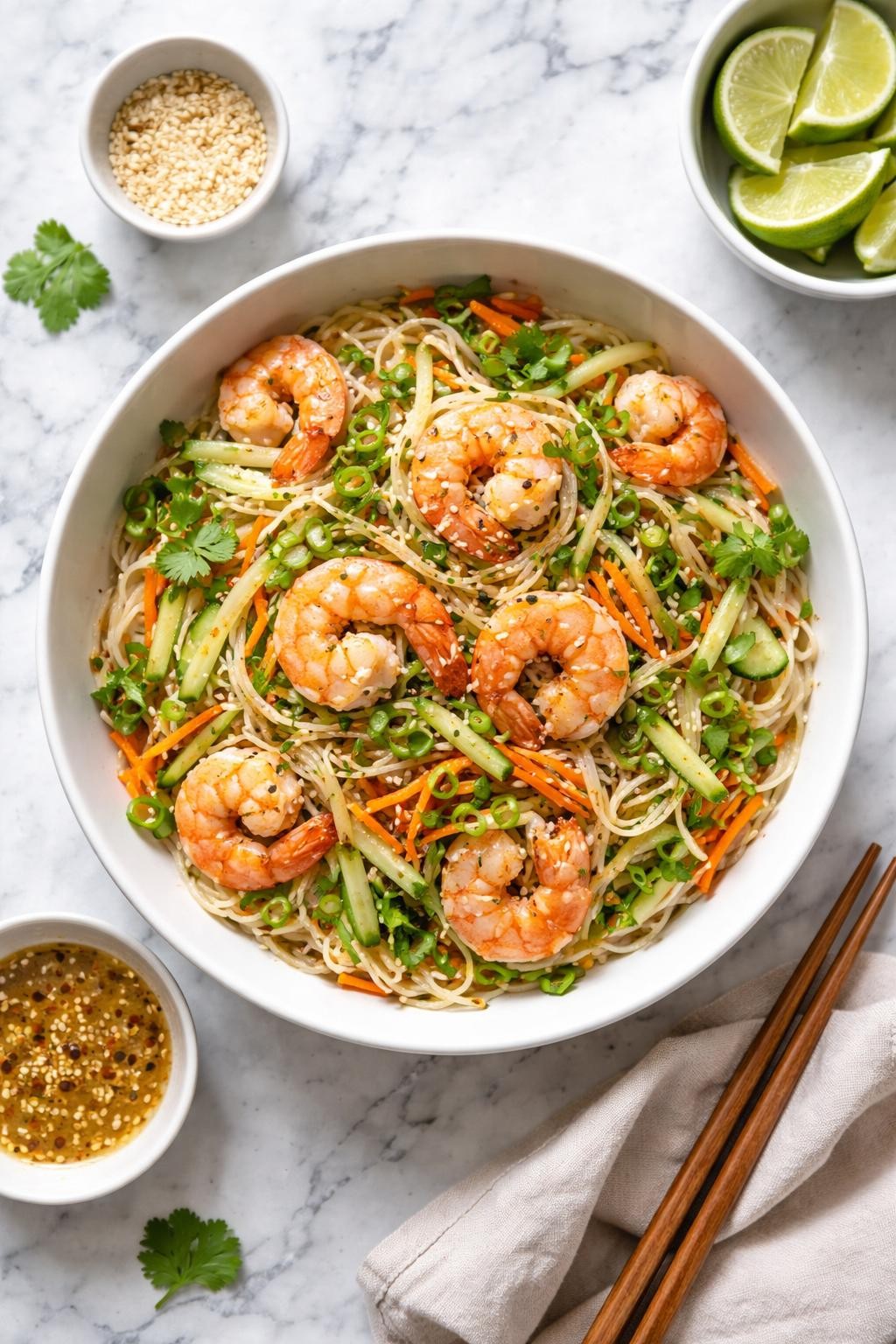 Image Prompt: Realistic top-down editorial food photography of a shrimp noodle salad on a clean white and gray marble countertop, chilled noodles mixed with cooked shrimp, cucumber, carrots, green onions, and light sesame dressing in a fresh white bowl, homemade summer dinner styling, bright natural window lighting, soft shadows, clean composition, high detail, realistic food texture, no people, no hands, no text, no watermarks, no props with writing.
