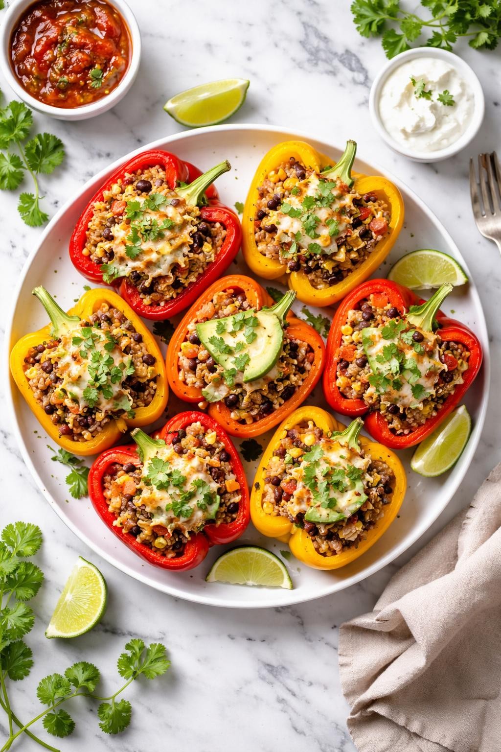 An overheard picture view of a plate of Brown Rice and Bean Stuffed Peppers sitting on a marble countertop table in the kitchen, professional food photography style.