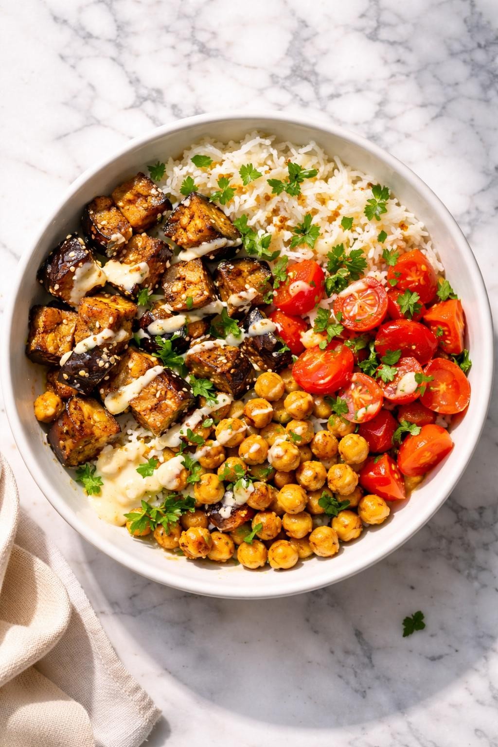 Image Prompt: Realistic top-down editorial food photography of a roasted eggplant chickpea bowl on a clean white and gray marble countertop, filled with roasted eggplant cubes, chickpeas, tomatoes, parsley, cooked rice, and lemon tahini drizzle in a warm white bowl, fresh cozy homemade dinner styling, bright natural window lighting, soft shadows, clean composition, high detail, realistic food texture, no people, no hands, no text, no watermarks, no props with writing.