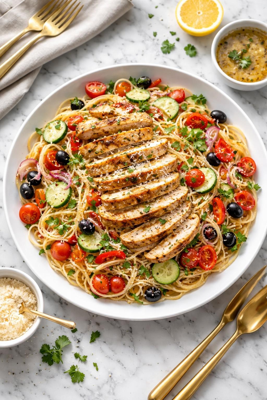 An overheard picture view of a plate of Cold Spaghetti Salad with Grilled Chicken   sitting on a marble countertop table in the kitchen, professional food photography style.
