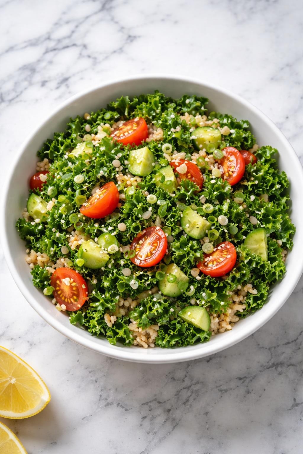 Image Prompt: Realistic top-down editorial food photography of a healthy kale and brown rice salad in a white bowl on a clean white and gray marble countertop, chopped kale with brown rice, cucumbers, tomatoes, and lemon dressing, meal prep friendly salad styling, bright natural window light, no people, no hands, no text, no watermarks, no props with writing.