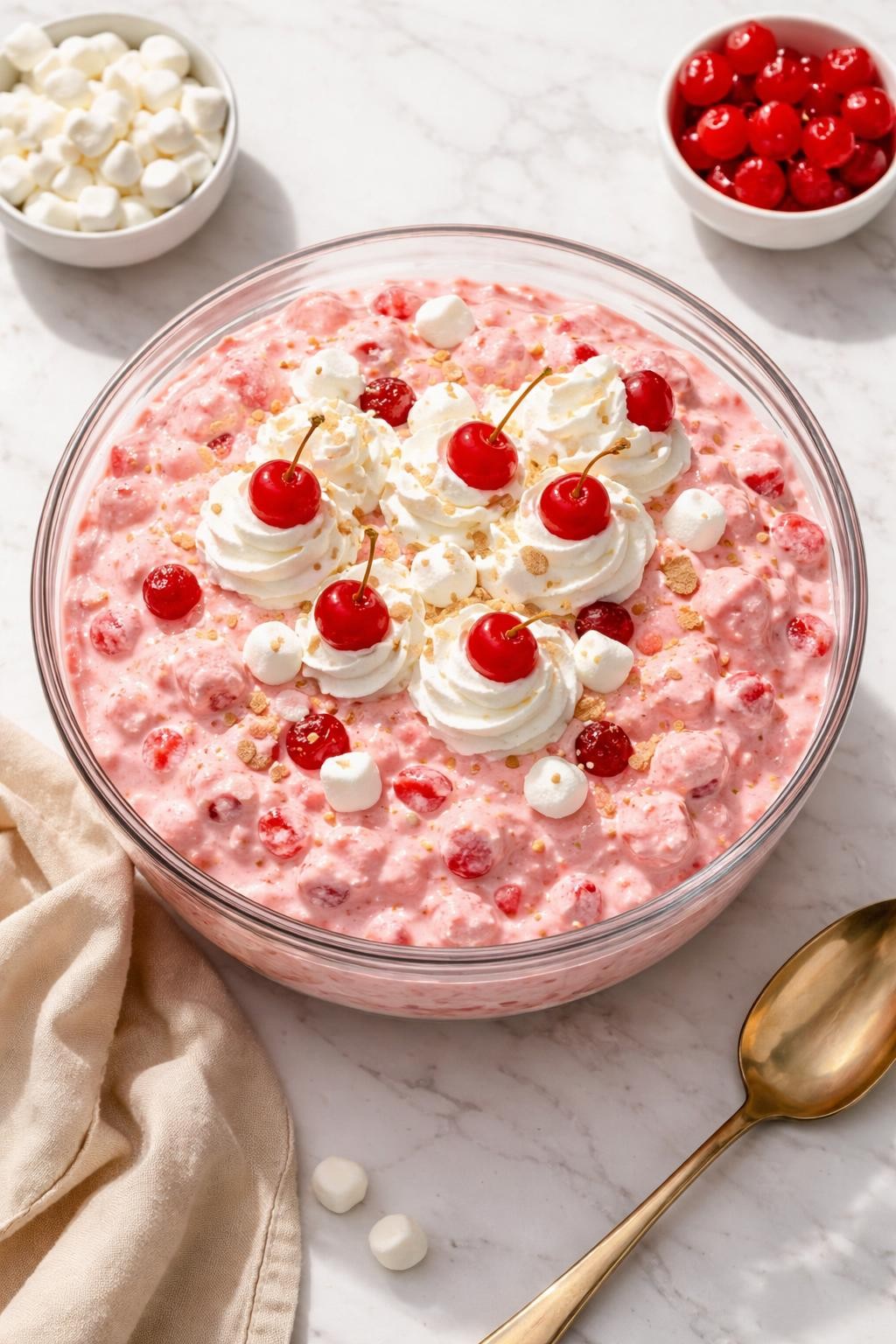 Image Prompt: Realistic top-down editorial food photography of cherry cheesecake jello salad in a glass serving bowl on a white marble countertop, creamy pink jello salad with cherry pieces, whipped topping, cream cheese, and mini marshmallows, rich potluck dessert styling, bright natural daylight, soft shadows, clean editorial composition, high detail, realistic texture, no people, no hands, no text, no watermarks, no props with writing.