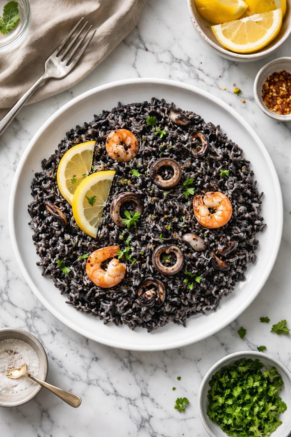 An overheard picture view of a plate of Arroz Negro (Black Rice) sitting on a marble countertop table in the kitchen, professional food photography style.