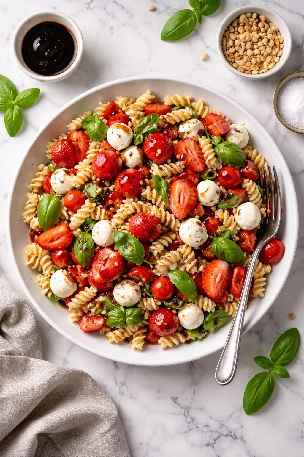 An overheard picture view of a plate of  Strawberry Caprese Pasta Salad  sitting on a marble countertop table in the kitchen, professional food photography style.
