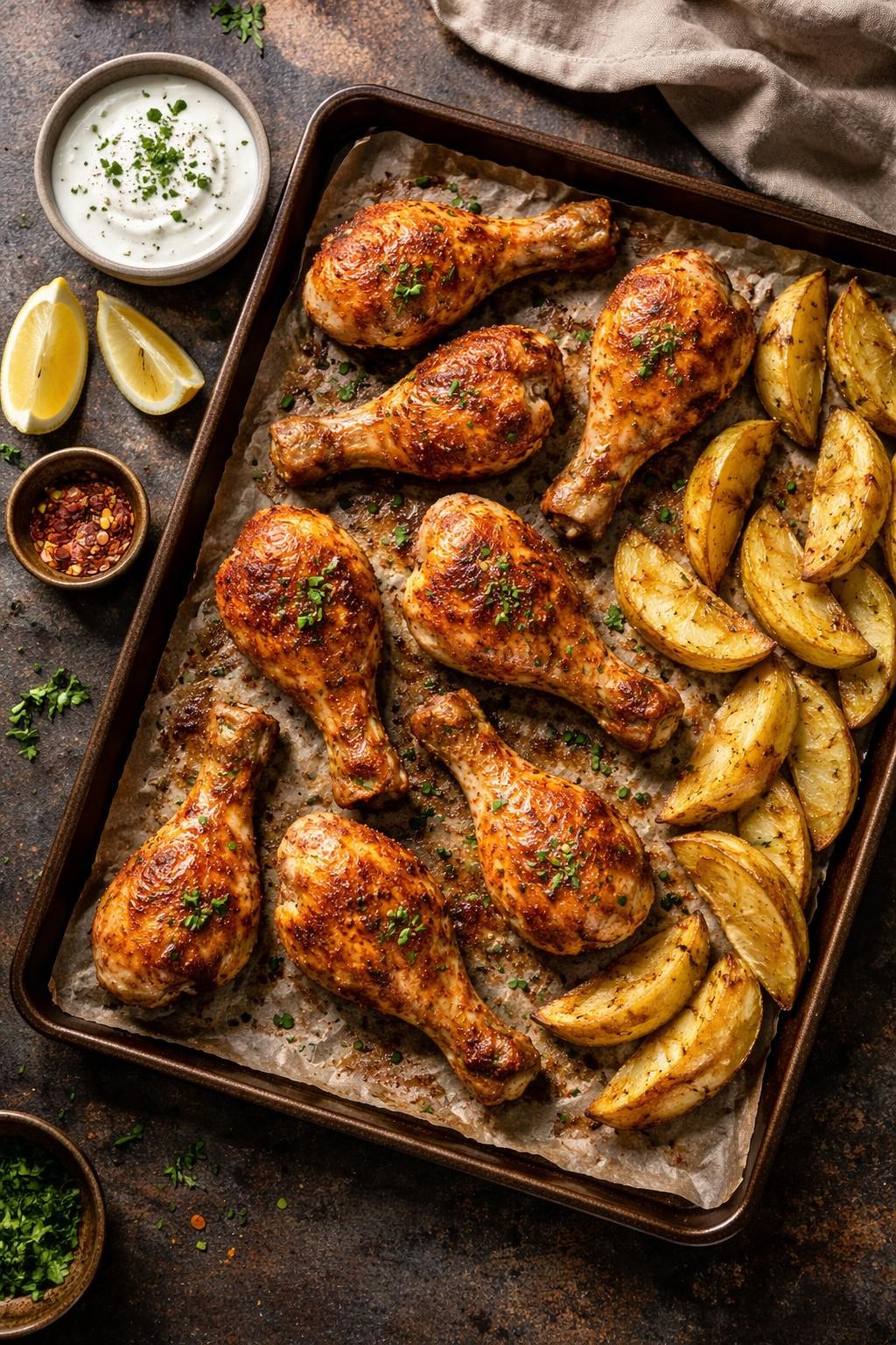 "Realistic top-down food photography of a sheet pan with baked chicken drumsticks on a dark countertop. The drumsticks are golden and crispy, coated in a paprika and garlic seasoning. A side of roasted potato wedges and a small bowl of ranch dressing for dipping. Warm cozy lighting, cheap and easy finger food dinner, no people, no hands, no text, no watermarks."