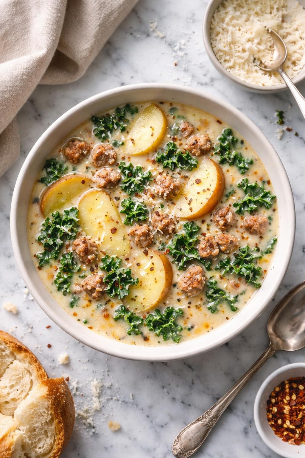 Image Prompt: Realistic top-down editorial food photography of a bowl of Tuscan potato soup on a clean white and gray marble countertop, filled with potato slices, crumbled sausage, kale, and a creamy savory broth, styled like a homemade Olive Garden soup, warm cozy mood, bright natural window light, soft shadows, clean composition, high detail, realistic food texture, no people, no hands, no text, no watermarks, no props with writing.
