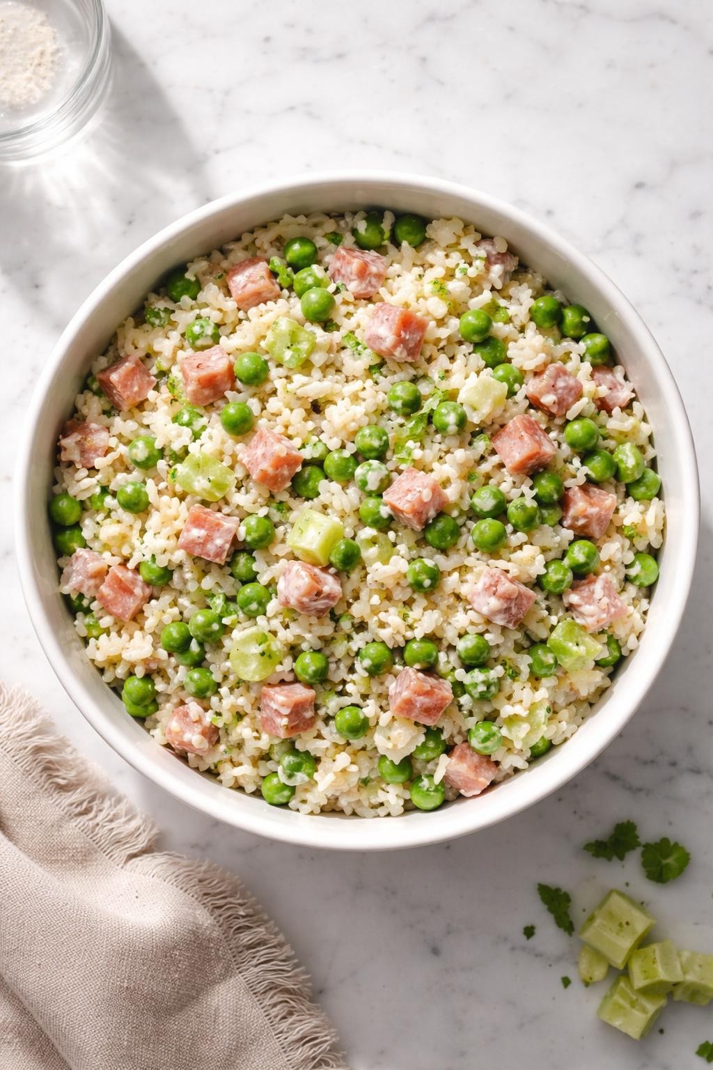 Image Prompt: Realistic top-down editorial food photography of a ham and pea rice salad in a white meal prep bowl on a clean white marble countertop, cold rice mixed with diced ham, peas, celery, and light creamy dressing, homemade lunch styling, bright natural daylight, soft shadows, clean editorial composition, high detail, realistic texture, no people, no hands, no text, no watermarks, no props with writing.