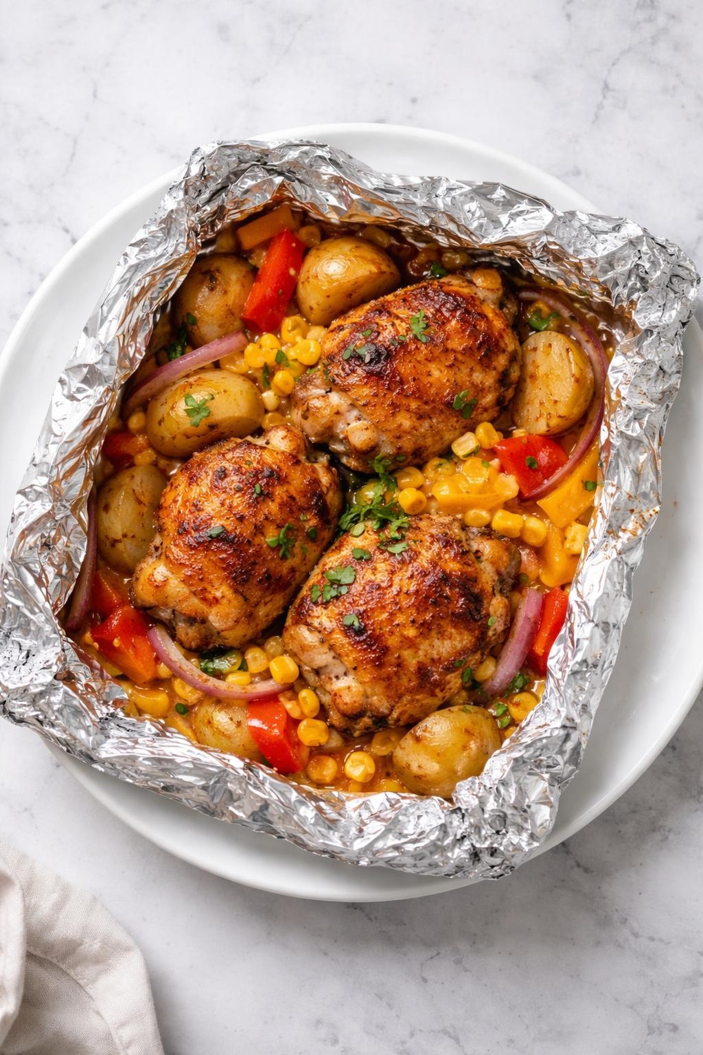 Image Prompt: Realistic top-down editorial food photography of Mexican chicken thigh foil packet dinner opened on a white plate over a clean white and gray marble countertop, cooked chicken thighs with peppers, onions, corn, and potatoes, juicy and colorful homemade dinner styling, bright natural light, no people, no hands, no text, no watermarks, no props with writing.
