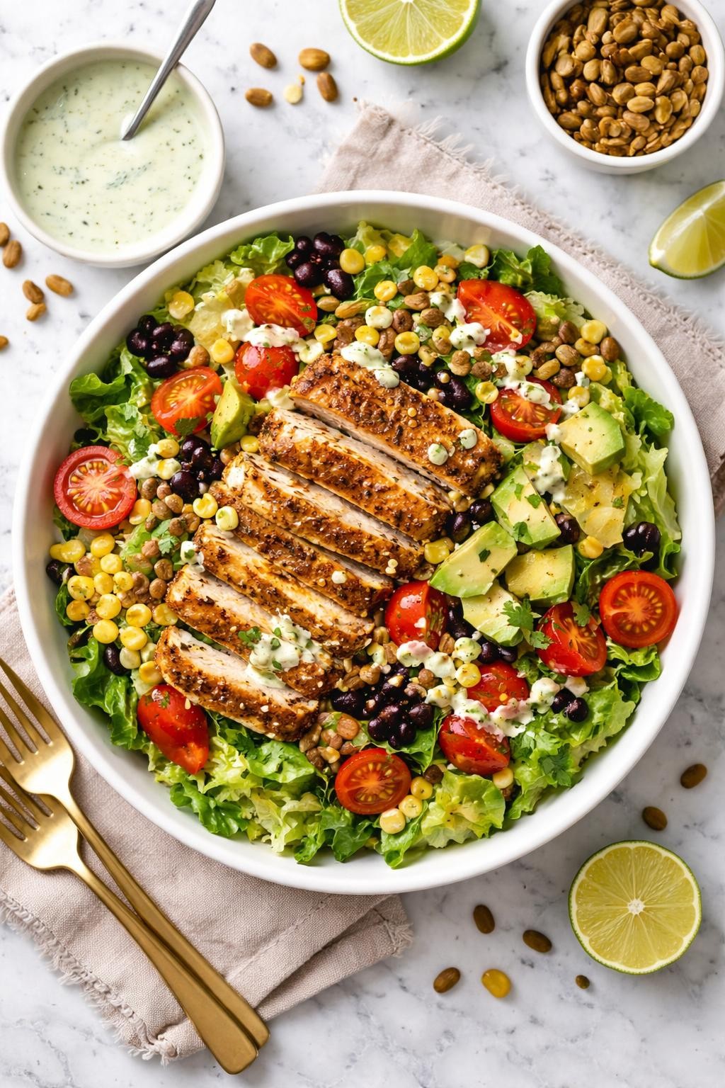An overheard picture view of a plate of Southwest Chicken Power Salad with Pepitas sitting on a marble countertop table in the kitchen, professional food photography style.