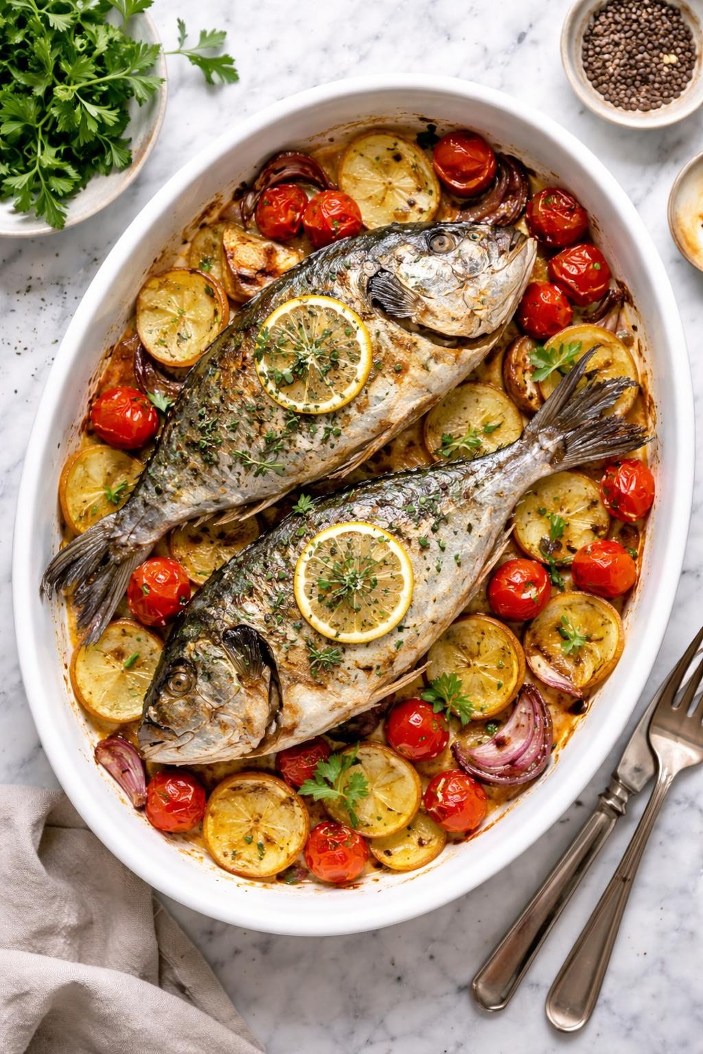 An overheard picture view of a plate of Baked Sea Bream with Potatoes and Tomatoes sitting on a marble countertop table in the kitchen, professional food photography style.