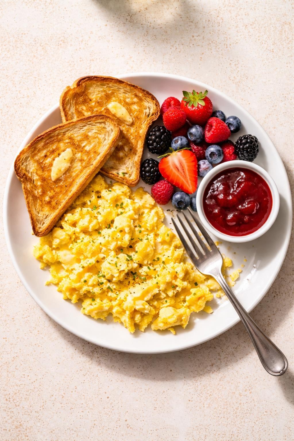 Prompt: Realistic top-down editorial food photography of a white plate with fluffy scrambled eggs, two slices of buttered toast, a handful of mixed berries, and a small ramekin of strawberry jam. A fork rests on the plate. Bright warm light, fun and effortless breakfast-for-dinner, no people, no hands, no text, no watermarks, no props with writing.
