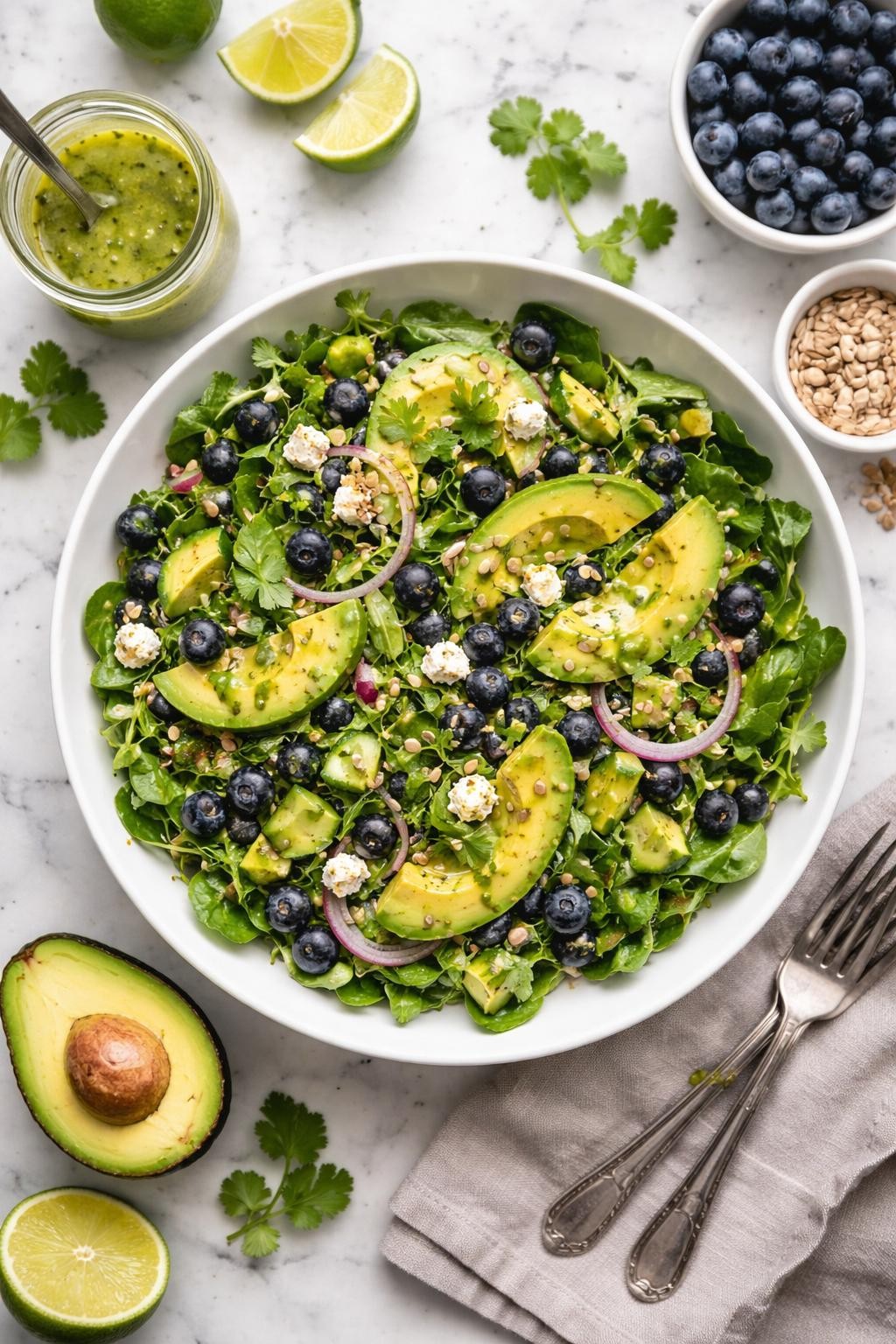 An overheard picture view of a plate of Blueberry Avocado Salad with Lime Cilantro Dressing sitting on a marble countertop table in the kitchen, professional food photography style.