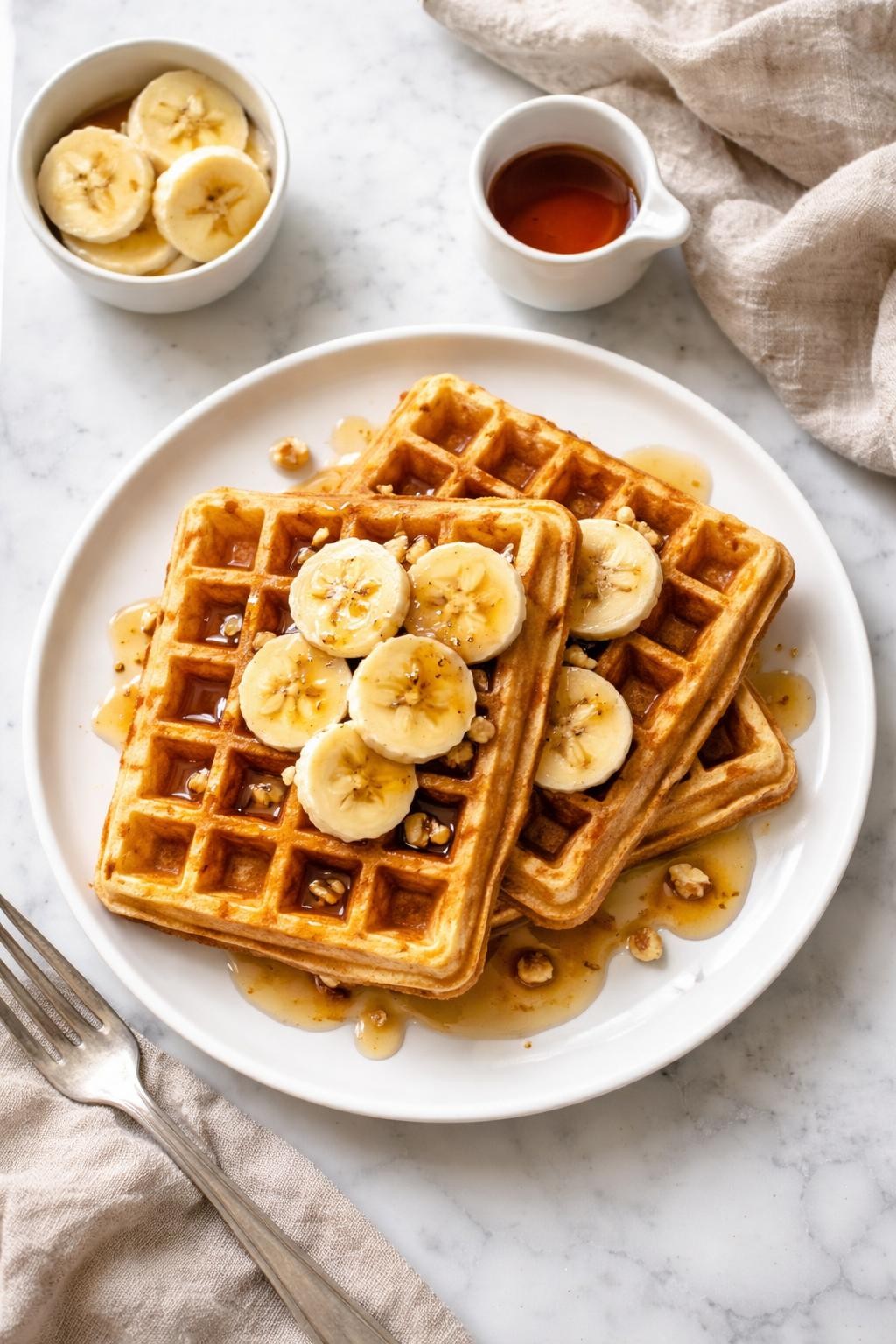 Image Prompt: Realistic top-down editorial food photography of vegan banana waffles on a white plate over a clean marble countertop, golden waffles topped with banana slices and maple syrup, crisp edges and soft center, bright natural window light, cozy breakfast styling, no people, no hands, no text, no watermarks, no props with writing.