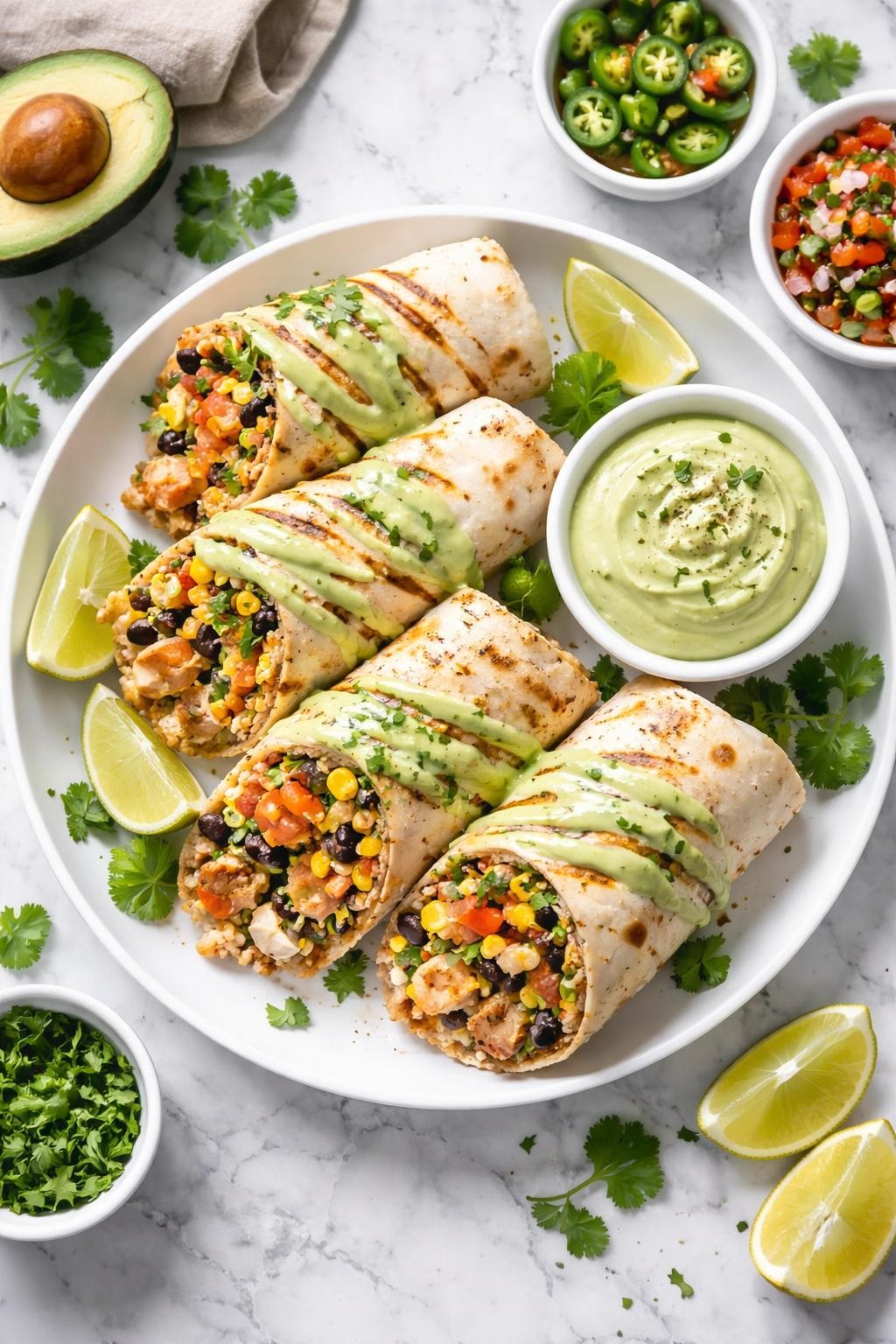 An overheard picture view of a plate of Chicken Burritos with Avocado Cream sitting on a marble countertop table in the kitchen, professional food photography style.