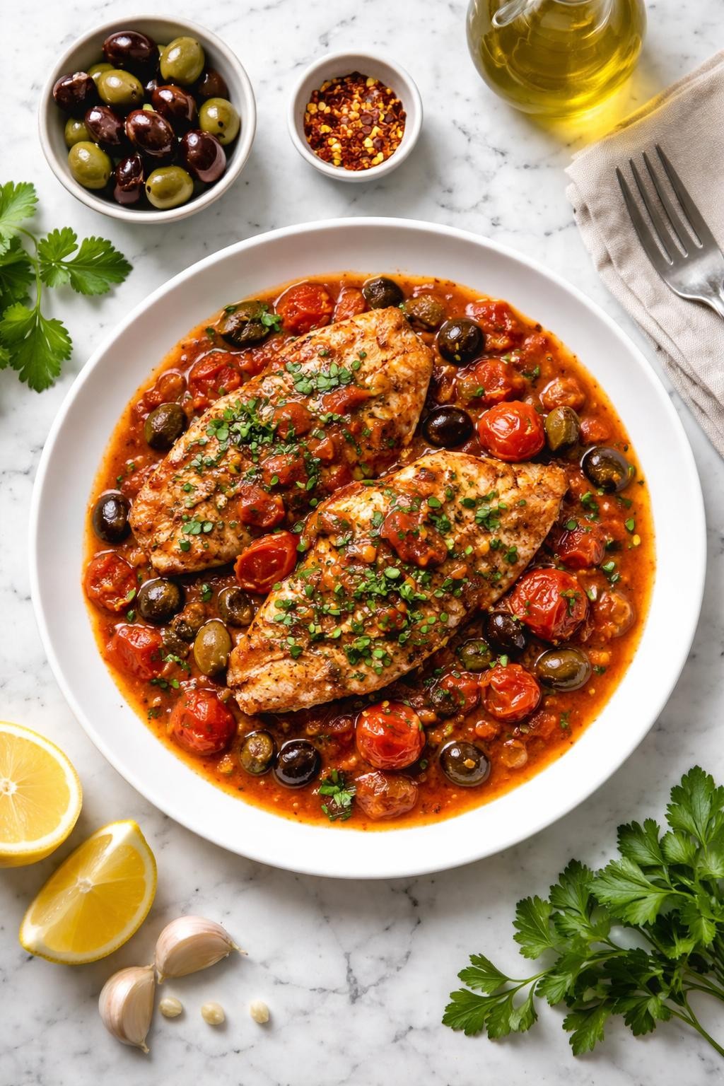 An overheard picture view of a plate of Red Snapper Livornese sitting on a marble countertop table in the kitchen, professional food photography style.