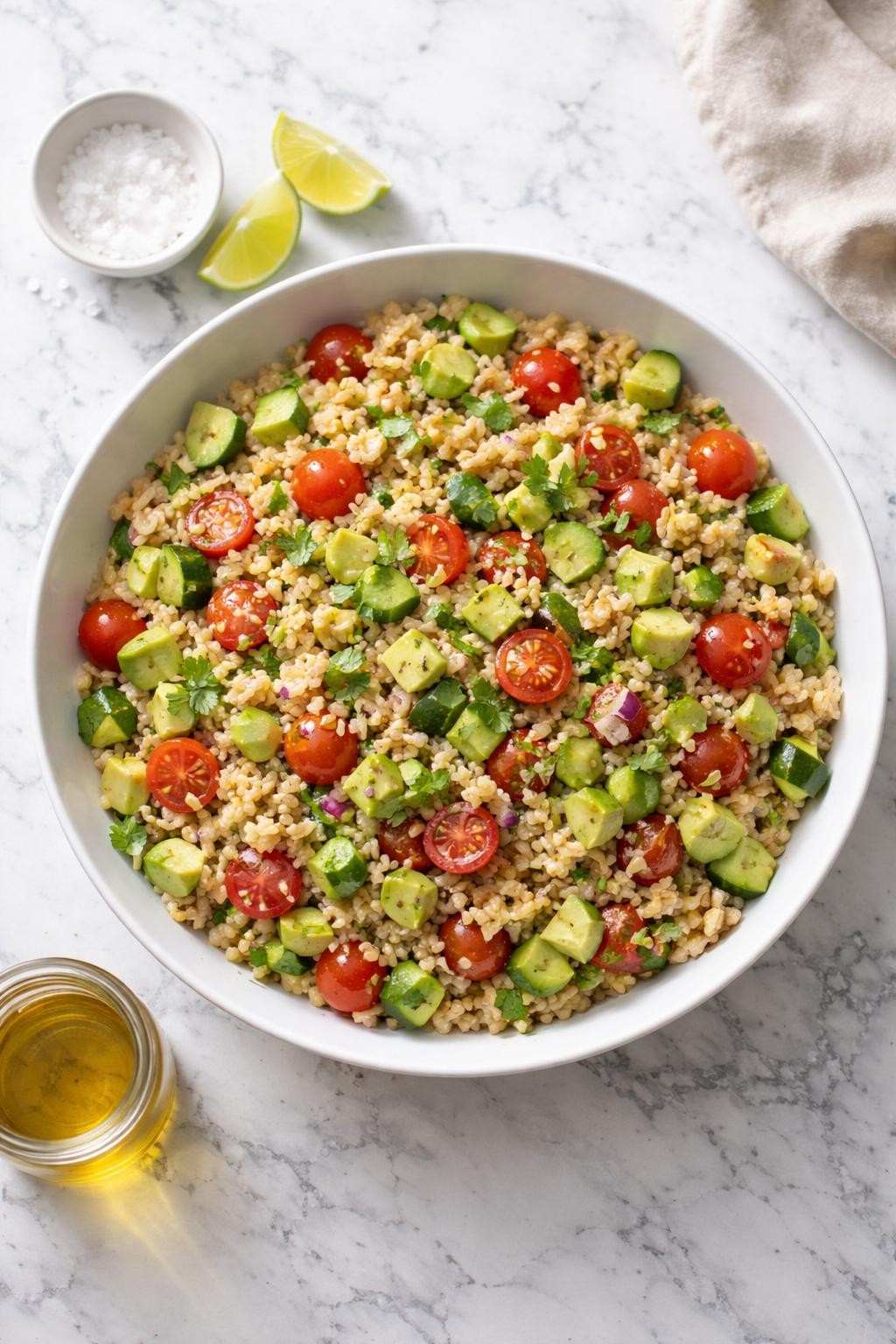 Image Prompt: Realistic top-down editorial food photography of a brown rice avocado salad in a white serving bowl on a white and gray marble countertop, nutty brown rice mixed with diced avocado, chopped cucumber, cherry tomatoes, red onion, and lime dressing, bright natural window light, soft shadows, high detail, realistic food texture, clean composition, no people, no hands, no text, no watermarks, no props with writing.