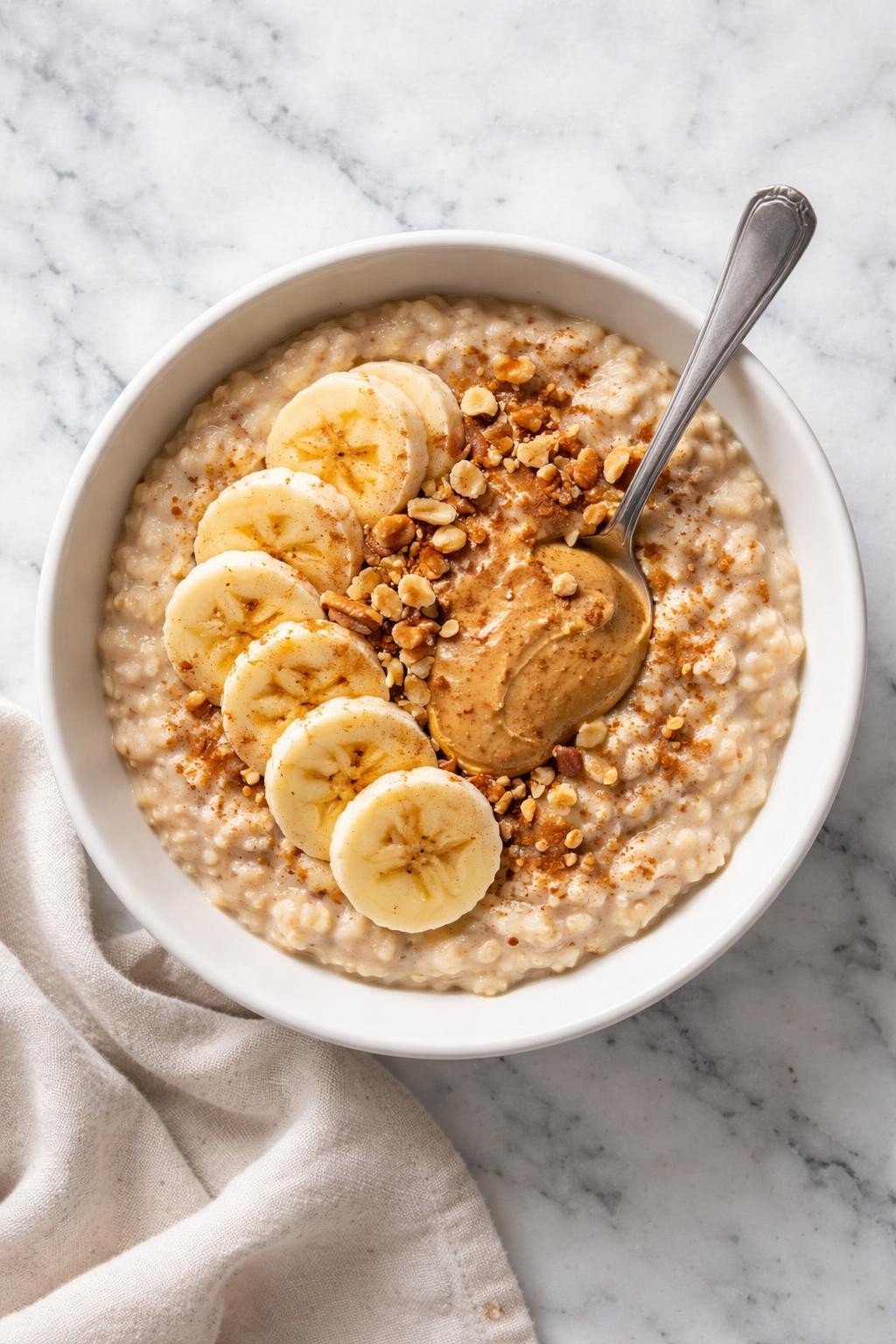 Image Prompt: Top-down realistic editorial food photography of creamy banana oatmeal in a white bowl on a clean white and gray marble countertop, soft oats topped with banana slices, cinnamon, chopped nuts, and a spoonful of almond butter, cozy homemade whole food vegan breakfast styling, bright natural light, soft shadows, high detail, no people, no hands, no text, no watermarks, no props with writing.