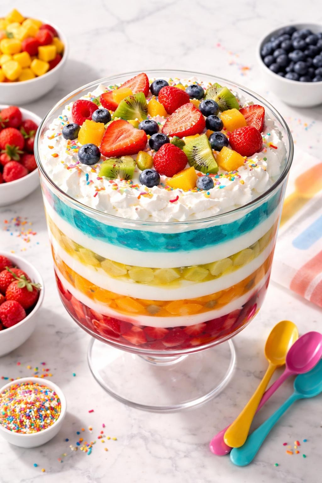 Image Prompt: Realistic top-down editorial food photography of rainbow layered jello fruit salad in a clear glass trifle bowl on a white marble countertop, colorful layered jello with fruit pieces and creamy whipped layers between, cheerful party gathering dessert styling, bright natural daylight, soft shadows, clean editorial composition, high detail, realistic texture, no people, no hands, no text, no watermarks, no props with writing.
