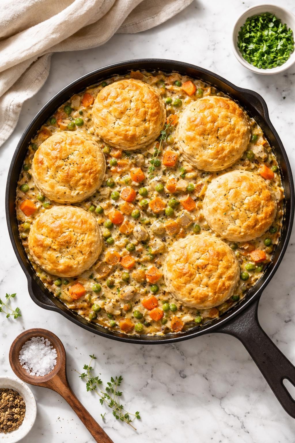 Image Prompt: Realistic top-down editorial food photography of a soy curl pot pie skillet on a white marble countertop, creamy soy curls cooked with peas, carrots, celery, and herbs in a thick savory sauce, cozy homemade comfort food styling, bright natural daylight, soft shadows, clean editorial composition, high detail, realistic texture, no people, no hands, no text, no watermarks, no props with writing.
