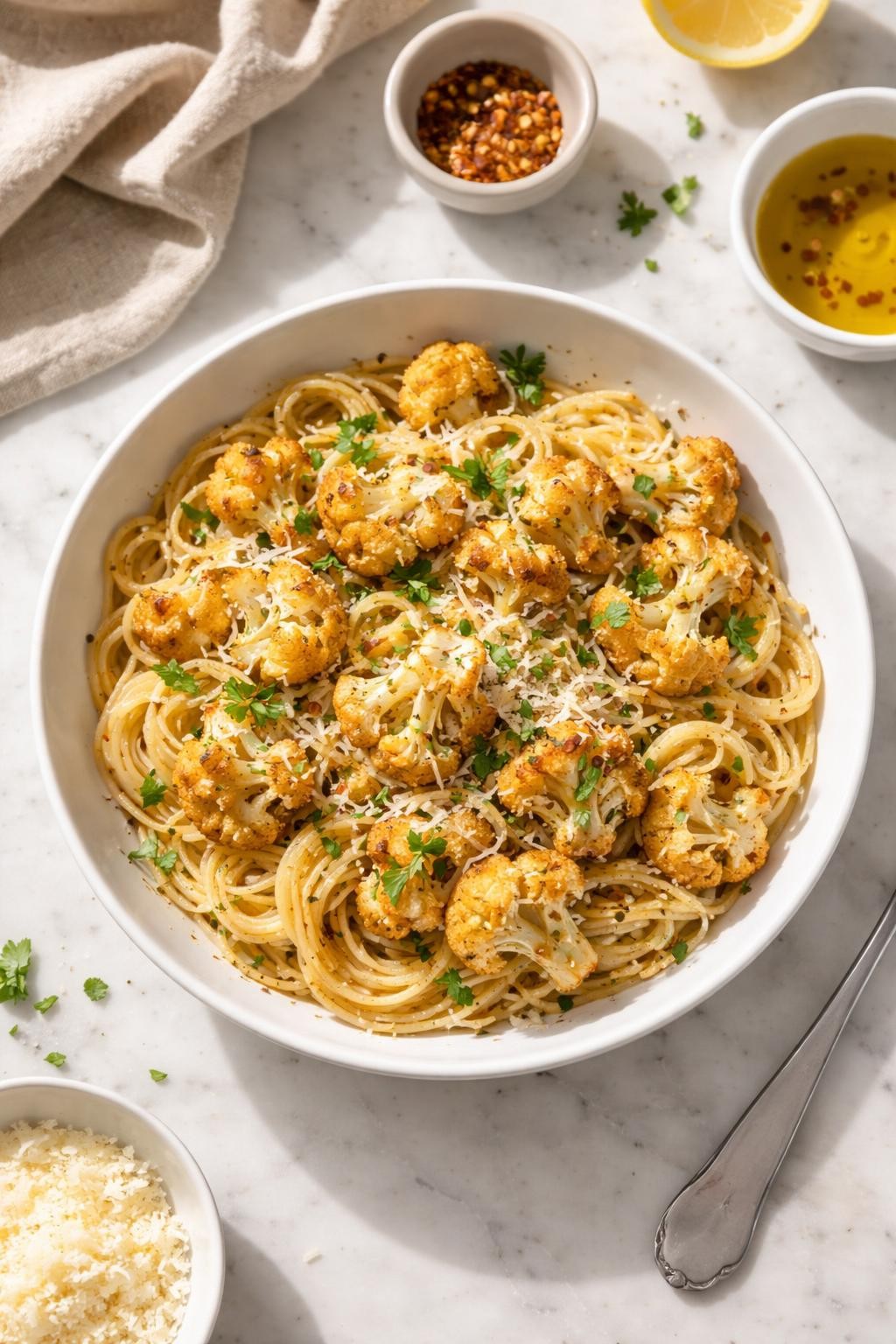 Prompt: Top-down realistic editorial food photography of roasted cauliflower pasta in a shallow white bowl on a clean light marble countertop, pasta tossed with golden roasted cauliflower florets, olive oil, parmesan, herbs, and black pepper, simple homemade dinner mood, bright natural daylight, soft shadows, clean composition, high detail, realistic food texture, no people, no hands, no text, no watermarks, no props with writing.