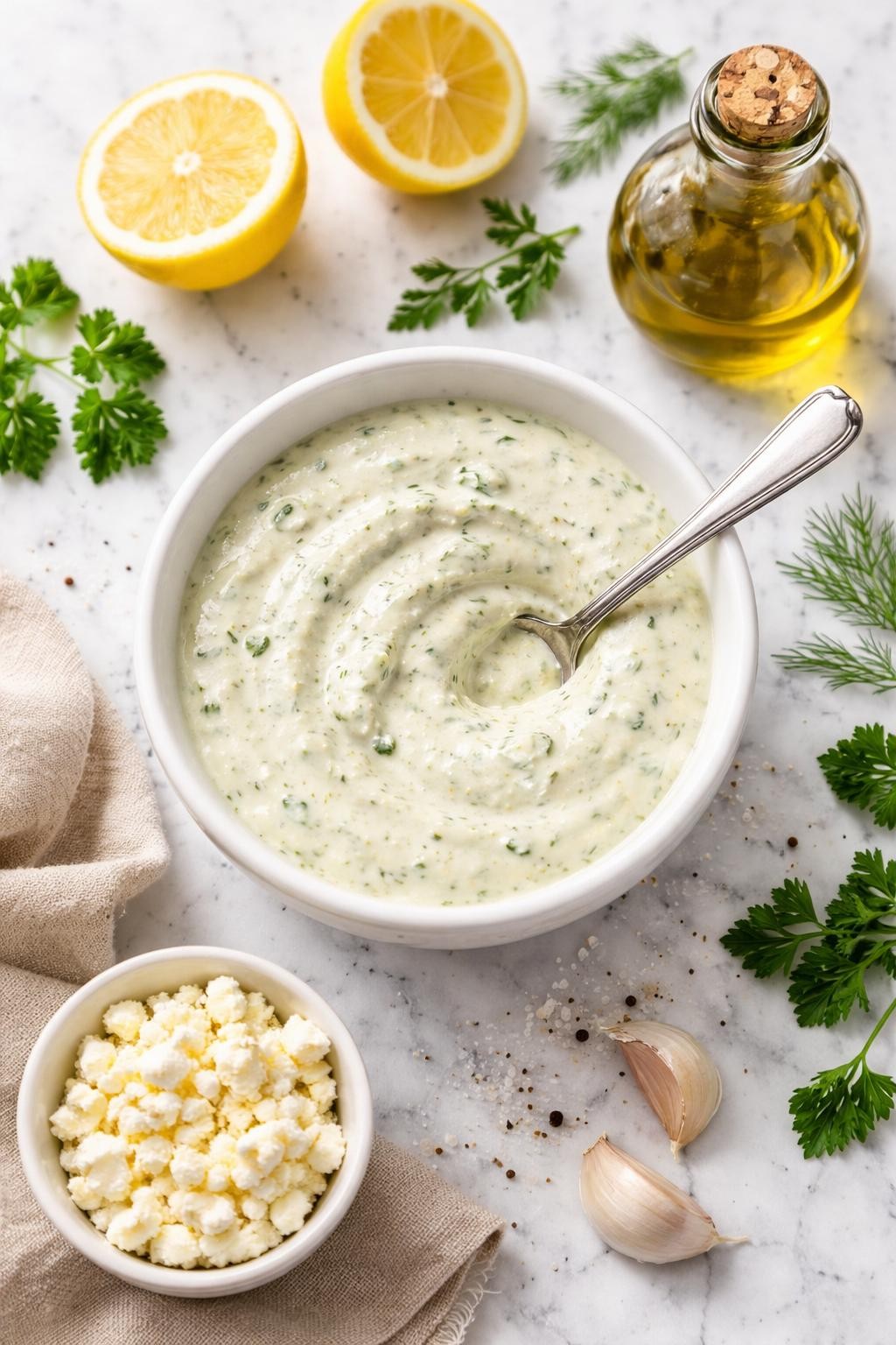 An overheard picture view of a plate of Creamy Feta and Lemon Blender Dressing Version sitting on a marble countertop table in the kitchen, professional food photography style.