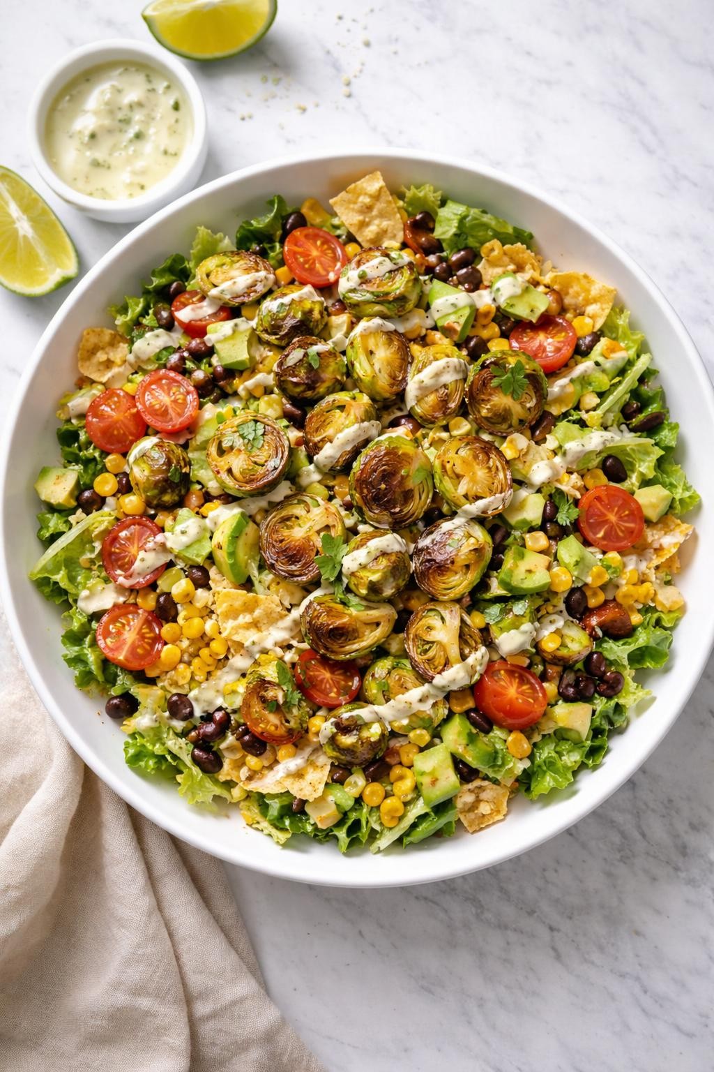 Image Prompt: Realistic top-down editorial food photography of a roasted Brussels sprout taco-style salad in a large white bowl on a light marble countertop, roasted Brussels sprouts over chopped romaine with black beans, corn, avocado, tomatoes, shredded cheese, and crushed tortilla chips, creamy lime dressing drizzled over the top, bright natural lighting, soft shadows, realistic textures, no people, no hands, no text, no watermarks, no props with writing.