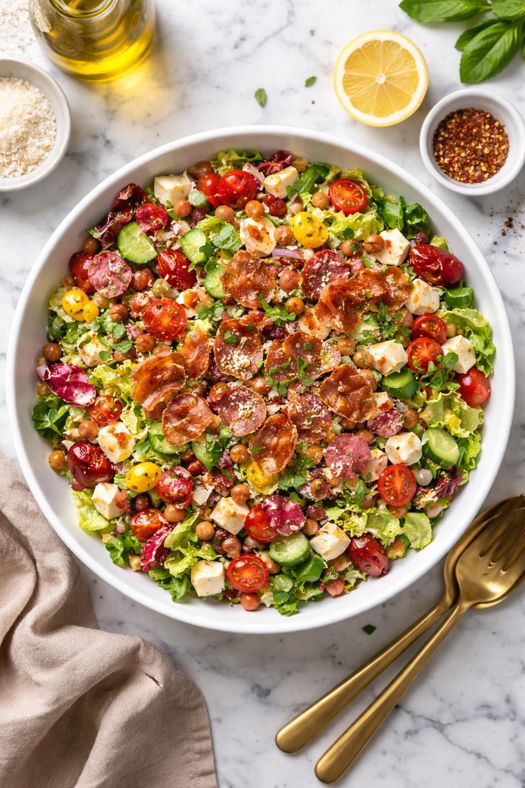 An overheard picture view of a plate of Chopped Italian Salad with Crispy Prosciutto sitting on a marble countertop table in the kitchen, professional food photography style.