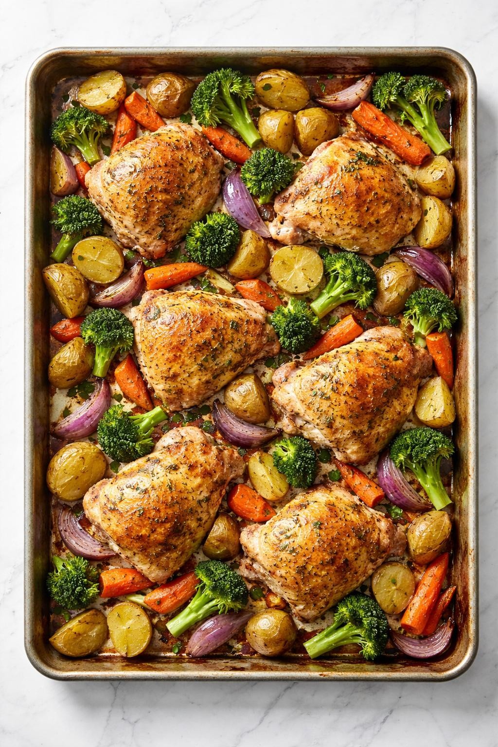 Realistic top-down editorial food photography of sheet pan chicken and vegetables on a large baking tray set on a clean white marble countertop, roasted chicken thighs surrounded by browned potatoes, carrots, broccoli, and red onions, lightly seasoned with herbs, golden edges and fresh homemade look, bright natural lighting, soft shadows, clean composition, high detail, realistic food texture, no people, no hands, no text, no watermarks, no props with writing.