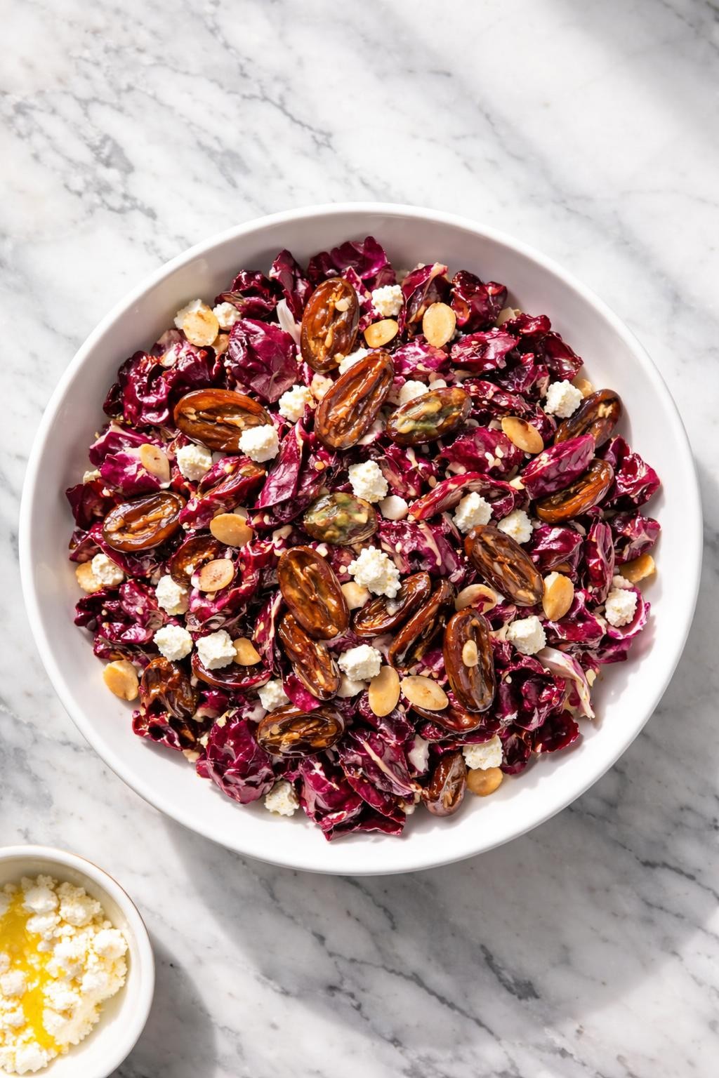 Image Prompt: Realistic top-down editorial food photography of a radicchio salad with dates and almonds in a white bowl on a clean white and gray marble countertop, chopped radicchio with sliced dates, toasted almonds, feta crumbles, and lemon dressing, bright natural window lighting, soft shadows, clean composition, high detail, realistic food texture, no people, no hands, no text, no watermarks, no props with writing.