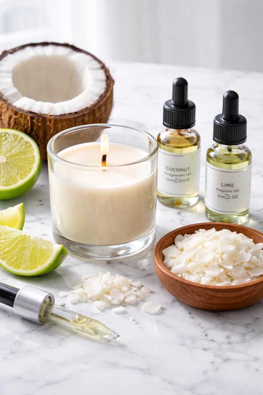 A realistic close-up photo of a homemade candle scent setup for coconut lime on a clean white marble countertop. Small bottles of coconut fragrance oil and lime essential oil sit beside a clear glass candle jar with creamy wax and a centered wick. Lime slices, soy wax flakes, and a small dropper are placed neatly around the candle. Bright cool-toned natural light, crisp detail, realistic texture, clean minimal setup, strong focus on the candle and fresh scent ingredients, no people, no text, (no watermarks on images)