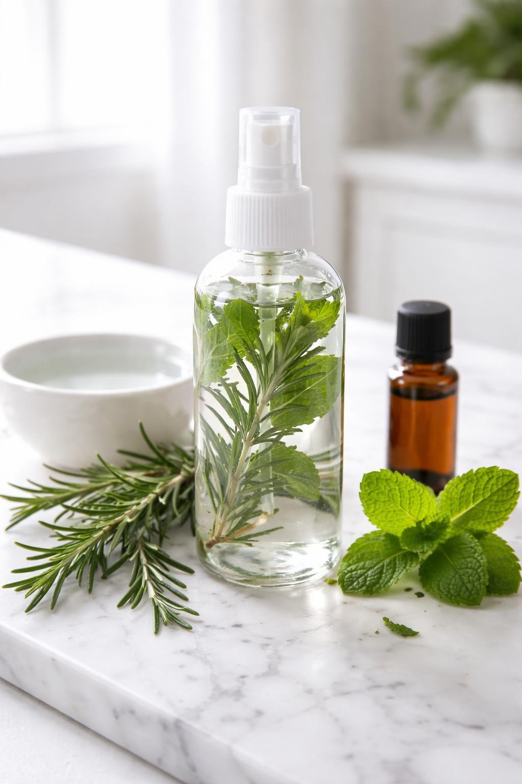 A realistic close-up photo of a spray bottle filled with rosemary mint homemade air freshener on a clean white marble countertop table. Fresh rosemary sprigs, mint leaves, a small bowl of distilled water, and a small bottle of essential oil are placed neatly around the bottle. Bright natural light, crisp detail, realistic texture, clean minimal setup, strong focus on the air freshener bottle and herb details, no people, no text, (no watermarks on images)