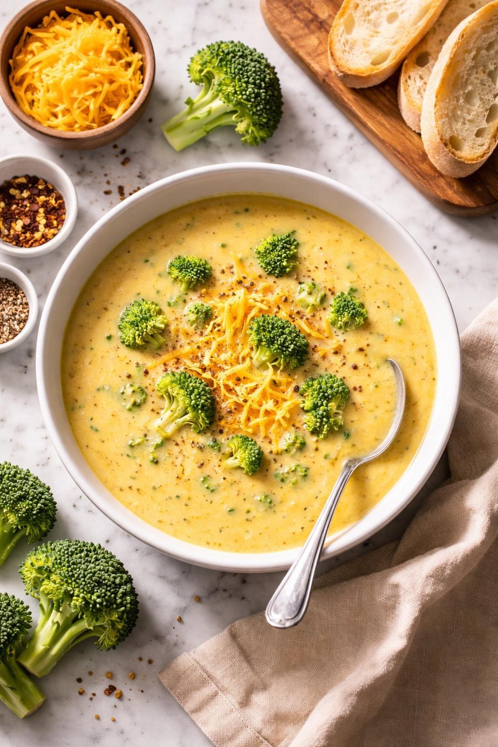 An overheard picture view of a plate of Smooth Broccoli Cheddar Soup sitting on a marble countertop table in the kitchen, professional food photography style.