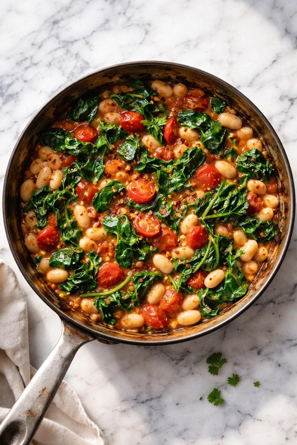 Image Prompt: Top-down realistic editorial food photography of a vegan spinach white bean skillet on a clean white and gray marble countertop, white beans cooked with wilted spinach, tomatoes, garlic, and herbs in a rustic skillet, warm simple homemade dinner mood, bright natural window lighting, soft shadows, high detail, no people, no hands, no text, no watermarks, no props with writing.