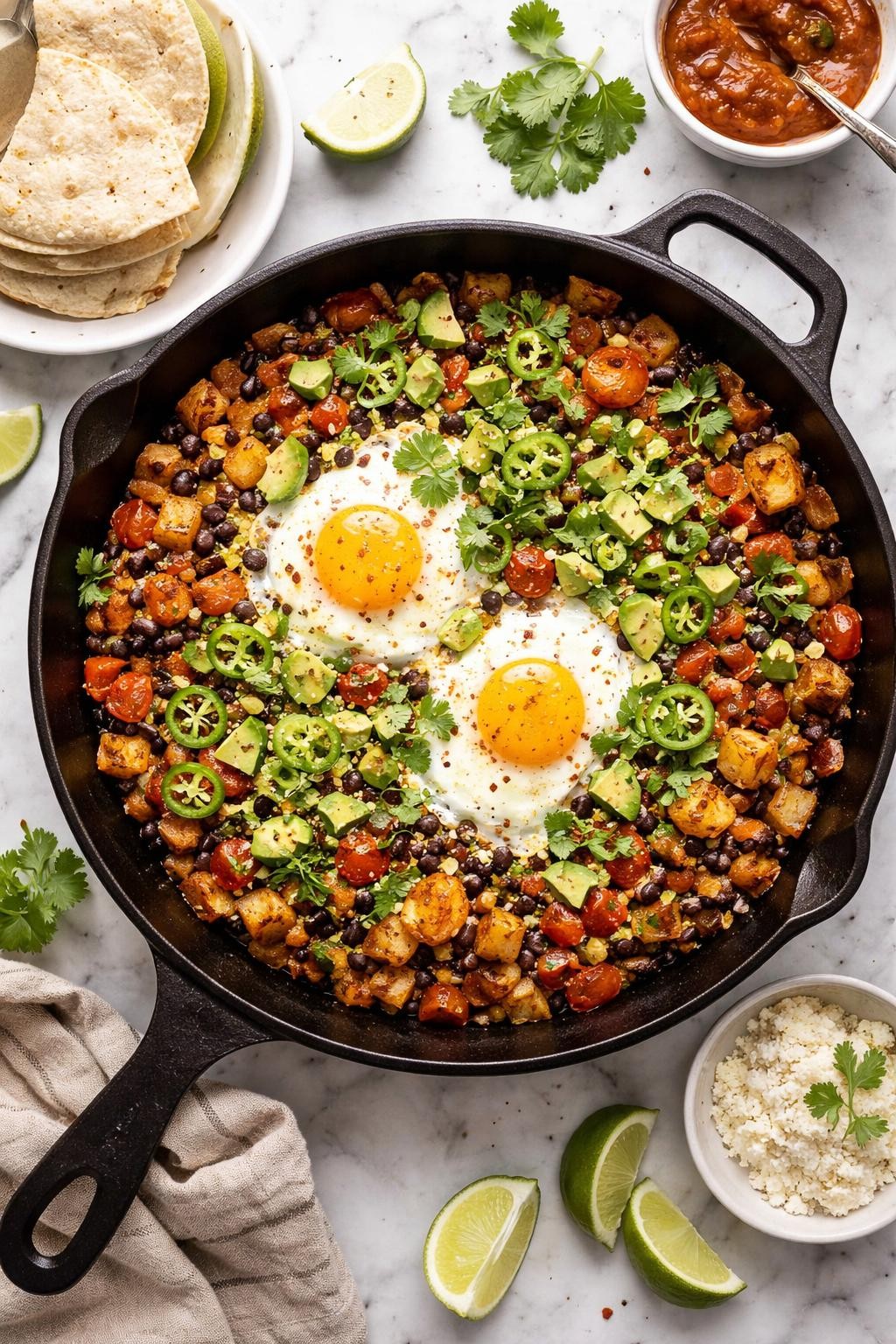 An overheard picture view of a plate of Healthy Mexican Breakfast Skillet sitting on a marble countertop table in the kitchen, professional food photography style.