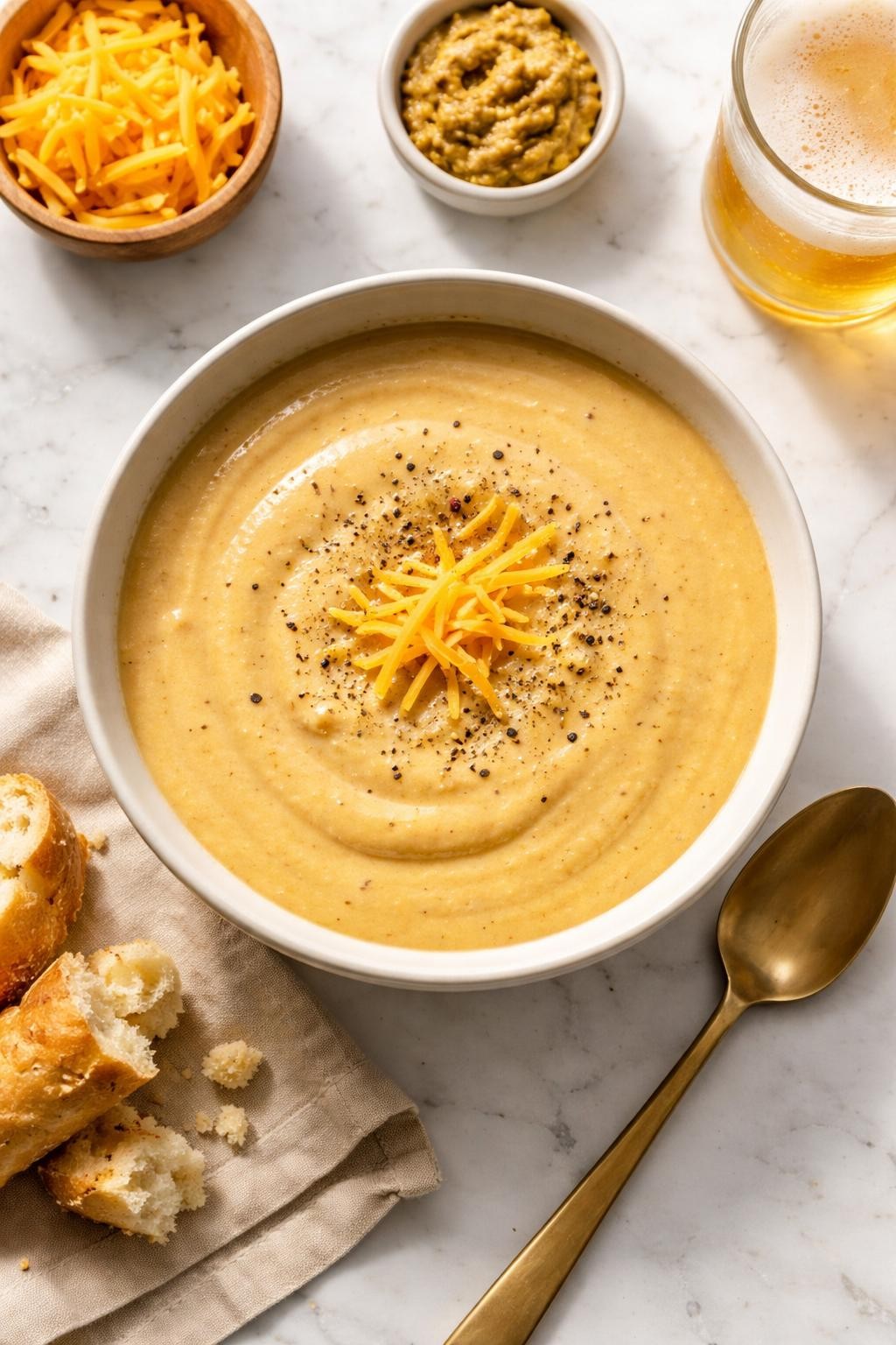Image Prompt: Realistic top-down editorial food photography of beer cheese soup with mustard in a simple neutral bowl on a white marble countertop, creamy golden soup with smooth rich texture, topped with black pepper and a small sprinkle of cheddar, warm homemade editorial styling, bright natural light, soft shadows, clean composition, no people, no hands, no text, no watermarks, no props with writing.