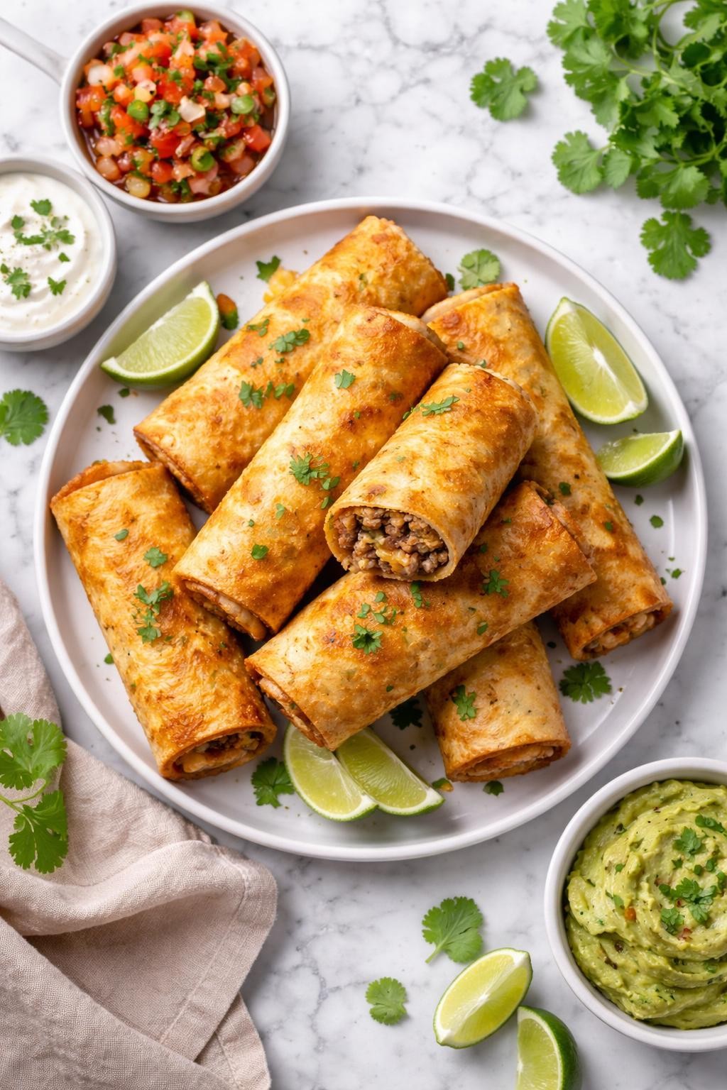 An overheard picture view of a plate of Crispy Burritos with Beef and Cheese sitting on a marble countertop table in the kitchen, professional food photography style.