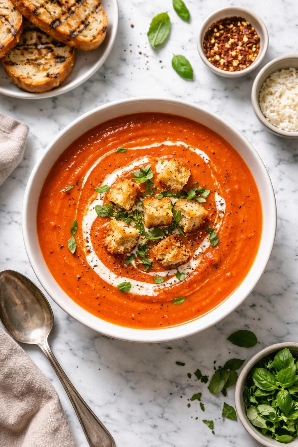 An overheard picture view of a plate of Roasted Red Pepper and Tomato Soup sitting on a marble countertop table in the kitchen, professional food photography style.