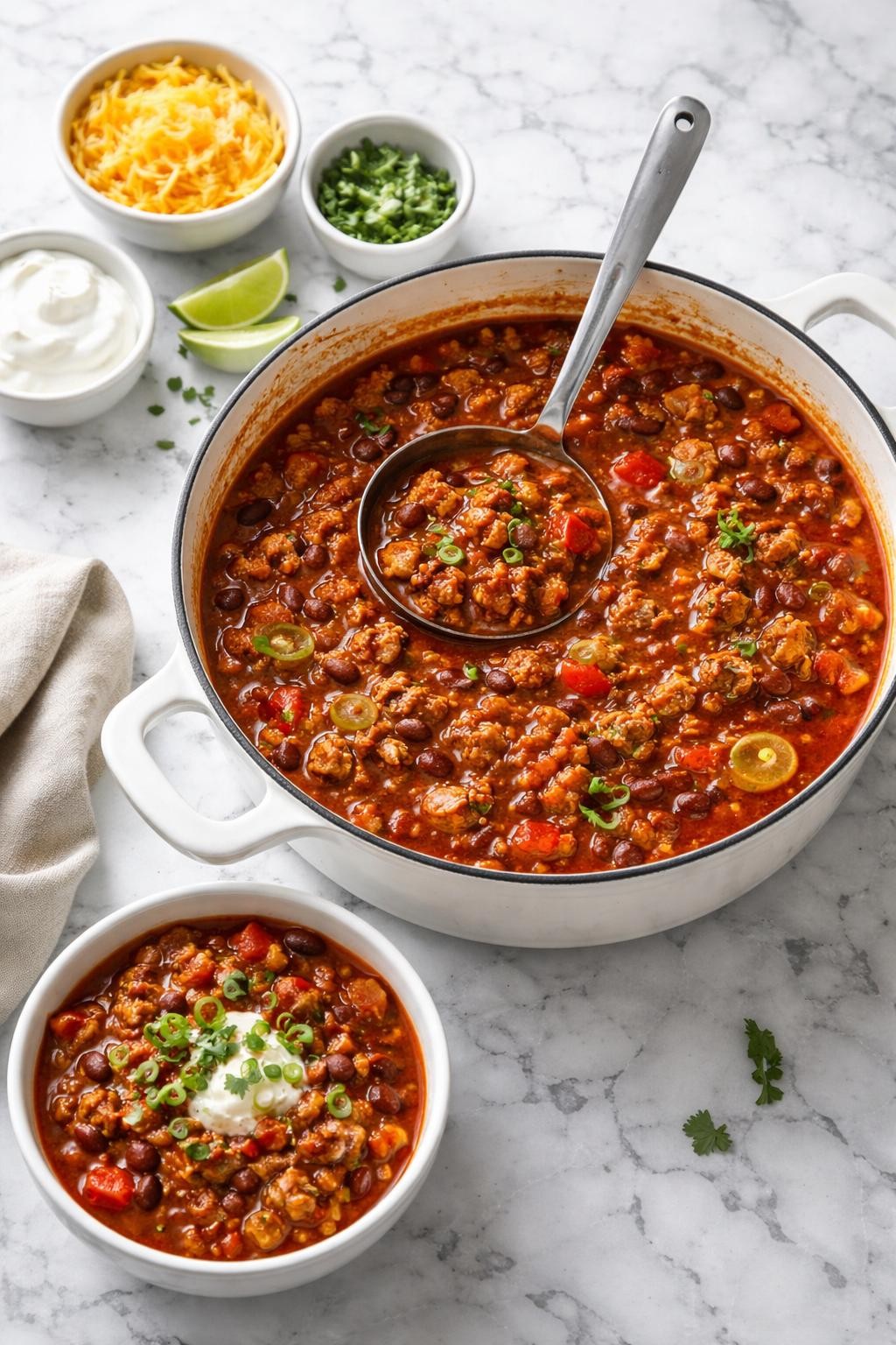 Realistic top-down editorial food photography of a pot and bowl of homemade turkey chili on a clean white and gray marble countertop, thick chili filled with ground turkey, red beans, tomatoes, onions, and bell peppers, rich red sauce with visible herbs and spices, warm homemade comfort food mood, soft natural window lighting, clean composition, high detail, realistic food texture, no people, no hands, no text, no watermarks, no props with writing.