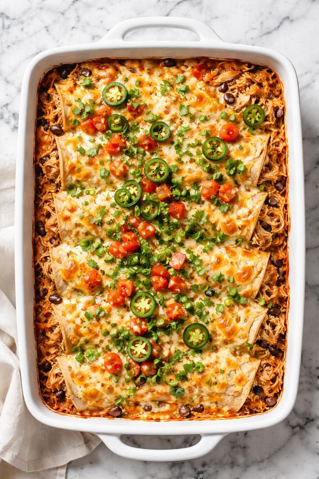 Image Prompt: Realistic top-down editorial food photography of Mexican chicken thigh burrito casserole in a white baking dish on a clean white and gray marble countertop, layered casserole with tortillas, shredded chicken thighs, beans, salsa, rice, and melted cheese, cozy homemade comfort food styling, bright natural light, no people, no hands, no text, no watermarks, no props with writing.