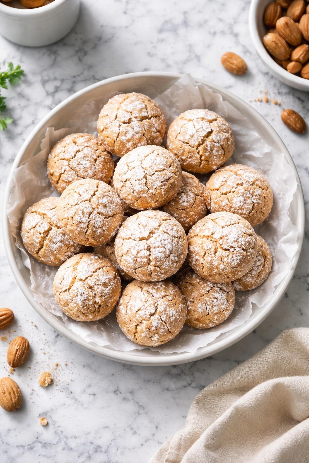 An overheard picture view of a plate of  Amaretti Cookies  sitting on a marble countertop table in the kitchen, professional food photography style.
