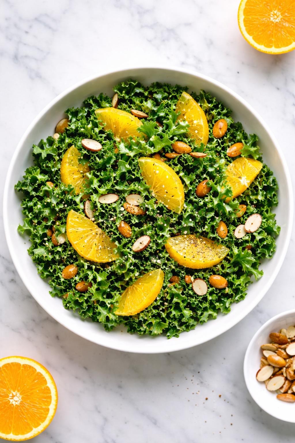 Image Prompt: Realistic top-down editorial food photography of a healthy kale and orange salad in a shallow white bowl on a white marble countertop, chopped kale with orange segments, almonds, and light citrus dressing, bright natural light, fresh homemade salad styling, no people, no hands, no text, no watermarks, no props with writing.