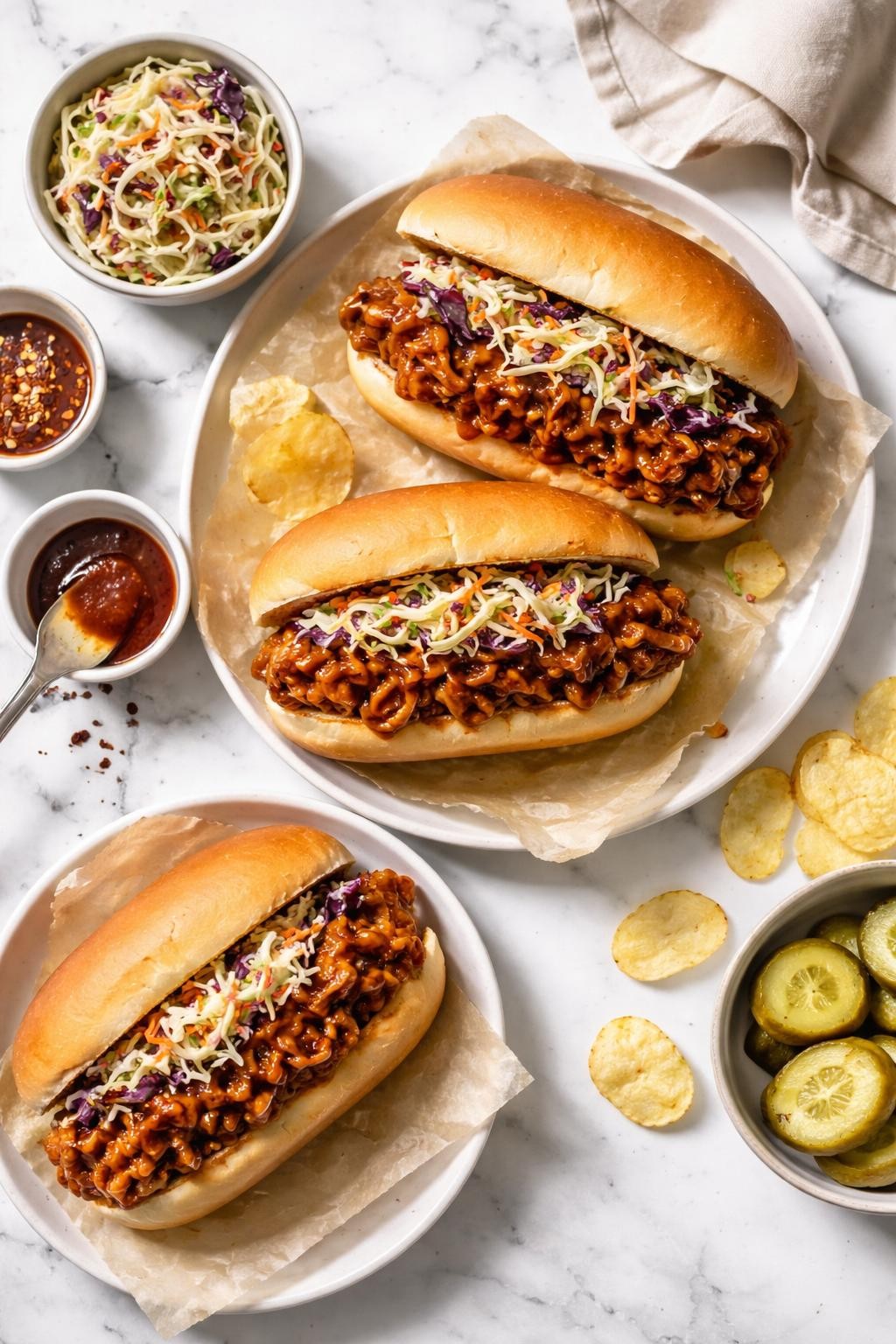 Image Prompt: Realistic top-down editorial food photography of BBQ soy curl sandwiches on a white marble countertop, soft sandwich buns filled with saucy shredded soy curls coated in glossy barbecue sauce, topped with crunchy slaw, cozy homemade vegan lunch styling, bright natural daylight, soft shadows, clean editorial composition, high detail, realistic texture, no people, no hands, no text, no watermarks, no props with writing.