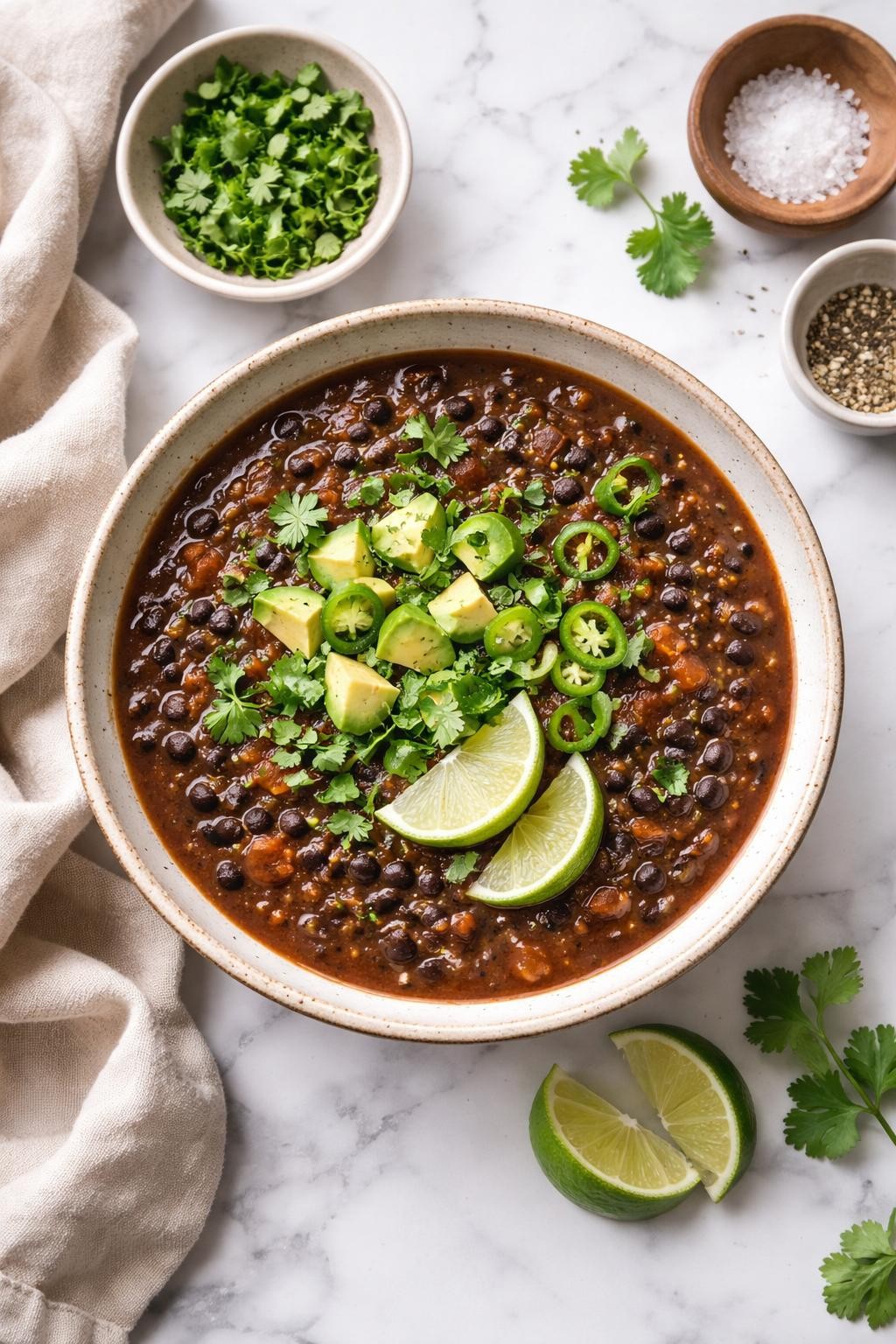 Image Prompt: Realistic top-down editorial food photography of a bowl of Instant Pot vegan black bean soup on a clean white and gray marble countertop, thick black bean soup topped with avocado, cilantro, and lime wedges, cozy homemade dinner styling, bright natural window lighting, soft shadows, clean composition, high detail, realistic food texture, no people, no hands, no text, no watermarks, no props with writing.