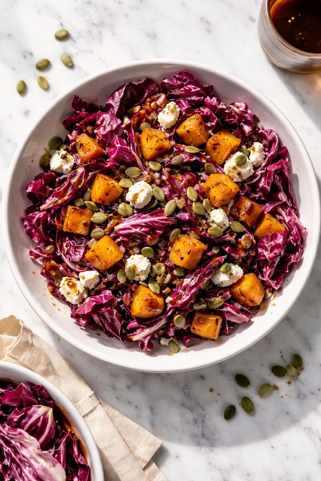 Image Prompt: Realistic top-down editorial food photography of a radicchio salad with roasted squash in a shallow white bowl on a clean marble countertop, chopped radicchio with roasted butternut squash cubes, goat cheese, pumpkin seeds, and balsamic dressing, bright natural daylight, soft shadows, cozy fall salad styling, high detail, realistic food texture, no people, no hands, no text, no watermarks, no props with writing.