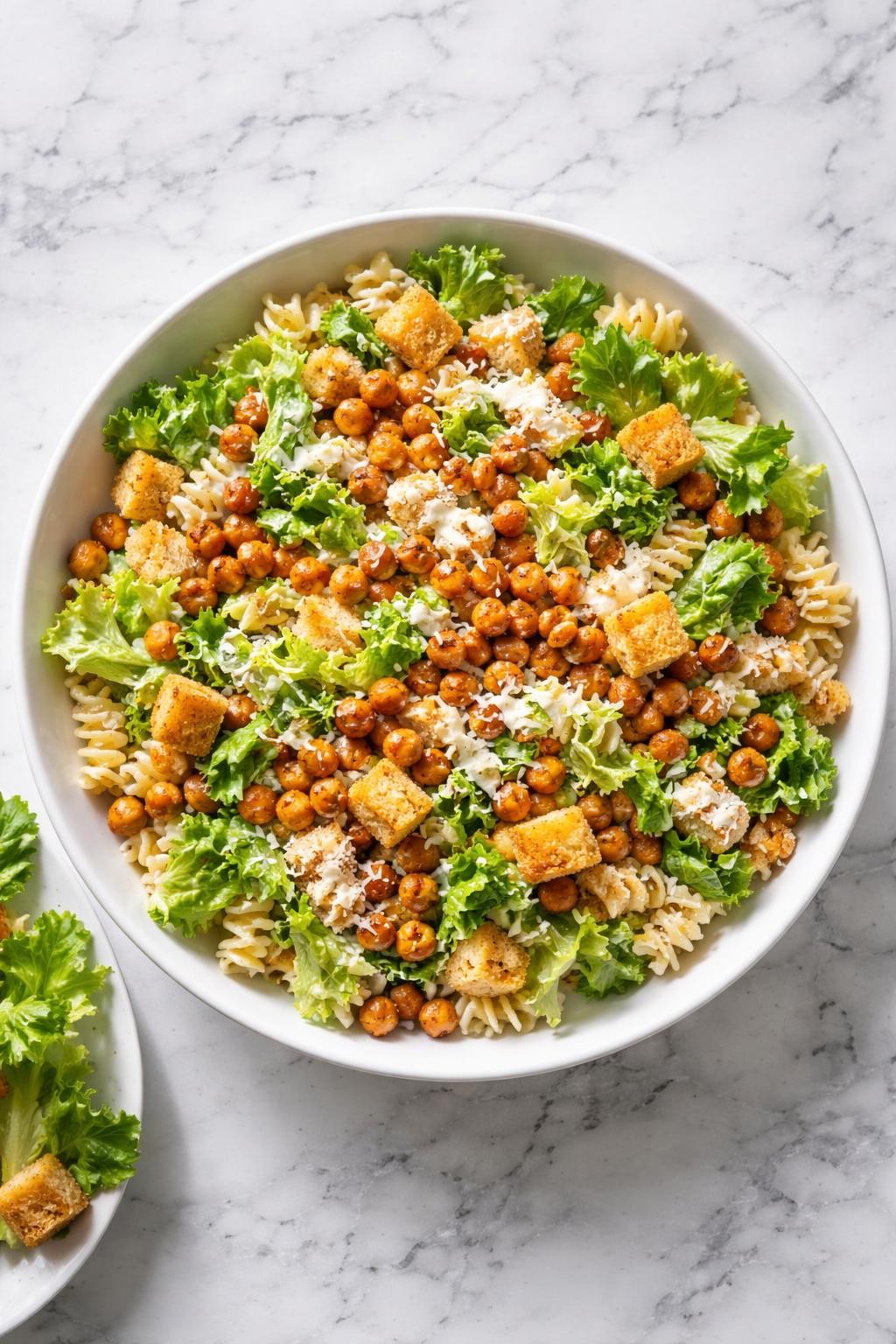 Image Prompt: Realistic top-down editorial food photography of Caesar pasta salad with roasted chickpeas in a white serving bowl on a white and gray marble countertop, rotini pasta mixed with romaine, crispy roasted chickpeas, creamy Caesar dressing, parmesan, and croutons, fresh homemade styling, bright natural window lighting, soft shadows, no people, no hands, no text, no watermarks, no props with writing.