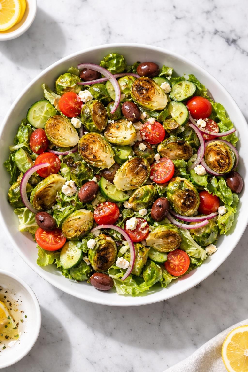 Image Prompt: Realistic top-down editorial food photography of a roasted Brussels sprout Greek salad in a shallow white bowl on a marble countertop, roasted Brussels sprouts tossed with romaine, cucumber, cherry tomatoes, kalamata olives, red onion, and feta cheese, lemon oregano dressing over the top, bright natural light, soft shadows, clean editorial food styling, realistic textures, no people, no hands, no text, no watermarks, no props with writing.
