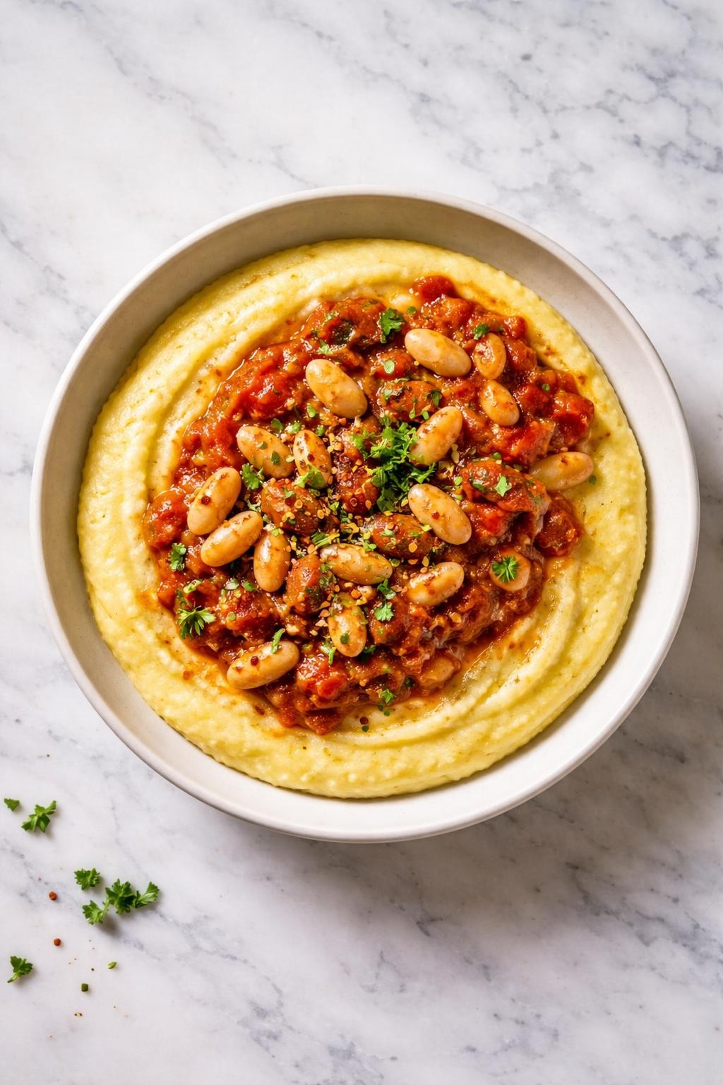 Image Prompt: Realistic top-down editorial food photography of vegan polenta with roasted garlic tomato beans in a shallow white bowl on a clean marble countertop, creamy polenta topped with white beans in a roasted garlic tomato sauce, chopped herbs on top, warm natural daylight, cozy homemade comfort food mood, no people, no hands, no text, no watermarks, no props with writing.