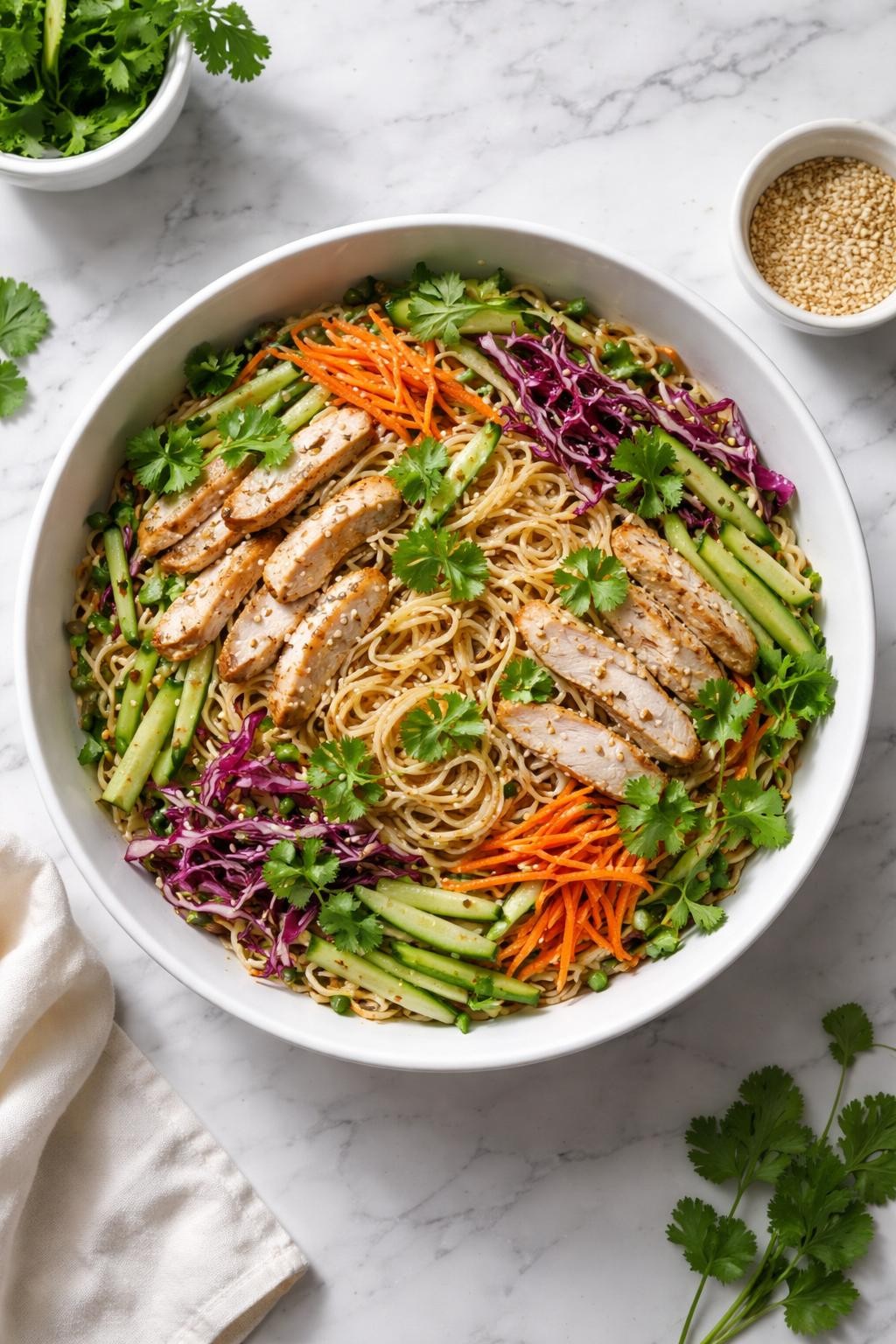 Image Prompt: Realistic top-down editorial food photography of an Asian chicken noodle salad on a clean white and gray marble countertop, chilled noodles mixed with sliced chicken, shredded carrots, cucumber, red cabbage, cilantro, and sesame dressing in a large white bowl, fresh homemade dinner styling, bright natural window lighting, soft shadows, clean composition, high detail, realistic food texture, no people, no hands, no text, no watermarks, no props with writing.