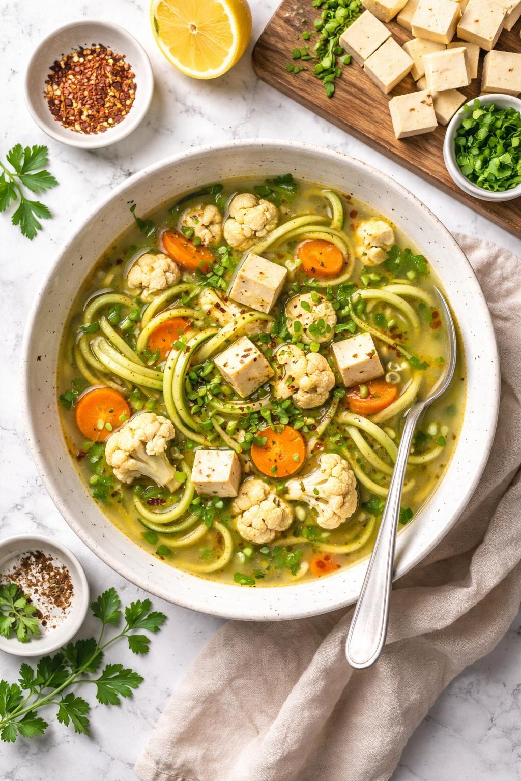An overheard picture view of a plate of Quick Cauliflower Tofu Soup with Courgetti sitting on a marble countertop table in the kitchen, professional food photography style.