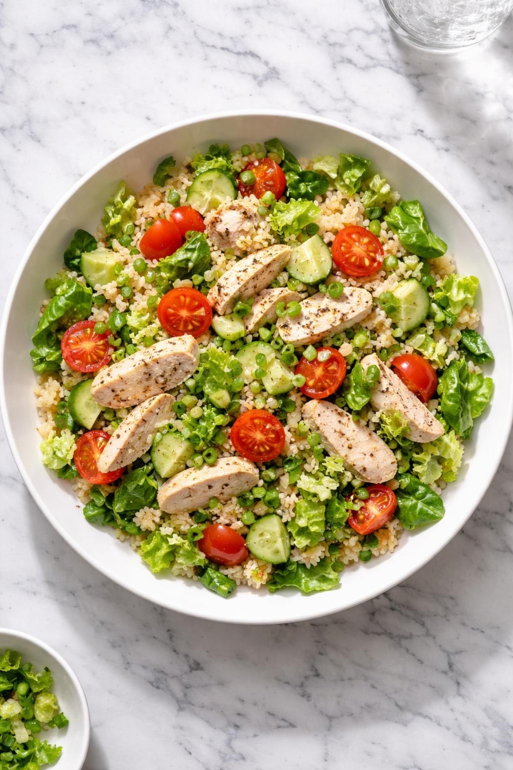 Image Prompt: Realistic top-down editorial food photography of a chicken rice salad in a shallow white bowl on a white and gray marble countertop, cooked rice mixed with sliced cooked chicken, cucumber, cherry tomatoes, chopped lettuce, and light vinaigrette, bright natural daylight, soft shadows, clean composition, high detail, realistic food texture, fresh easy meal mood, no people, no hands, no text, no watermarks, no props with writing.